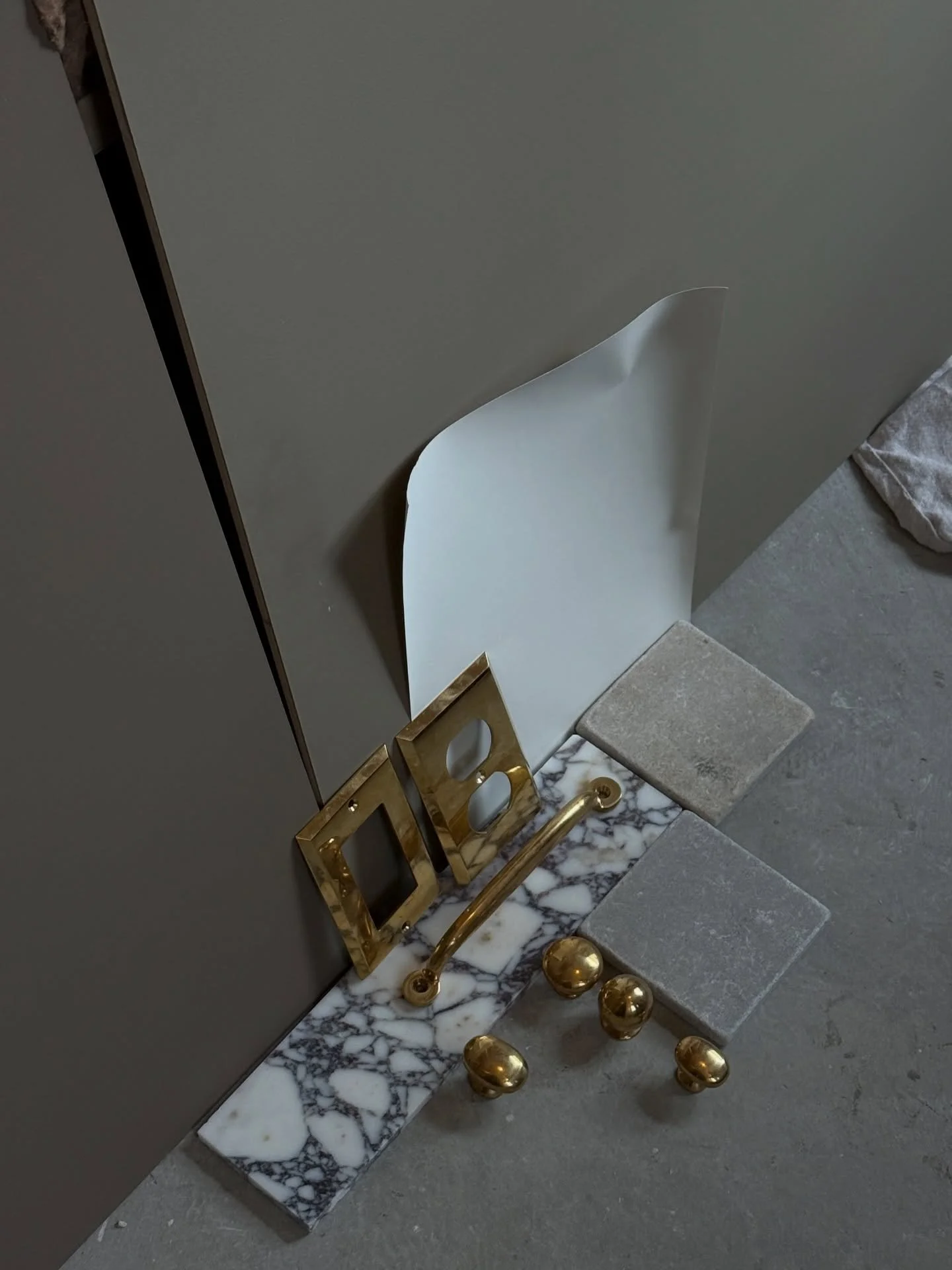 A few moments from yesterday&rsquo;s consult in Mountain View!  Cabinet paint options layered with limestone flooring, a calacatta viola marble countertop, and unlacquered brass hardware stole the show as we finalized the direction for her mudroom, f