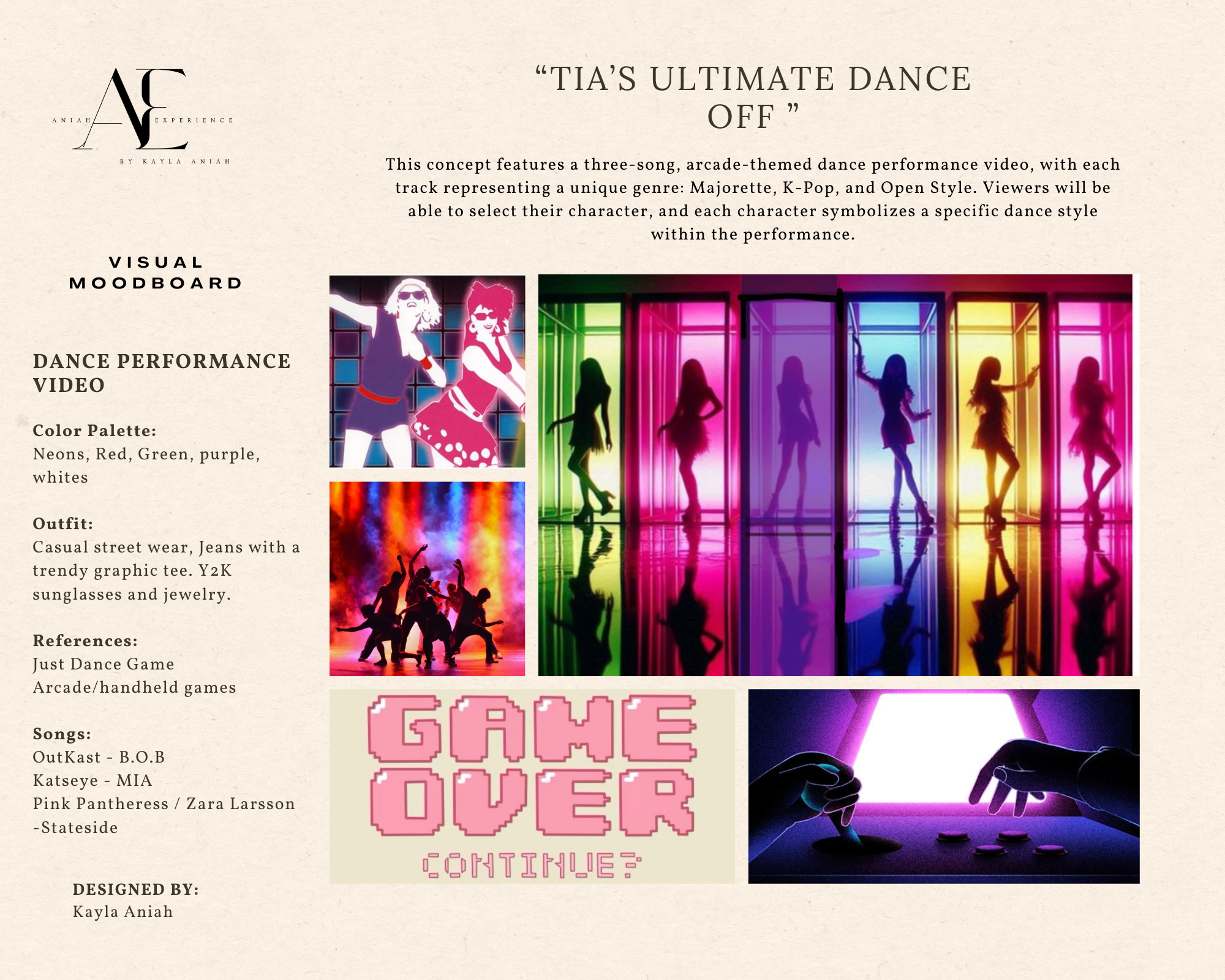 Poster for a dance performance titled "Tia's Ultimate Dance Off" featuring three song, arcade-themed dance performance videos with a color palette of neons, red, green, purple, and whites. The poster includes silhouettes of dancers in colorful neon-lit hallway scenes, pixelated game over message, and a person playing arcade games.