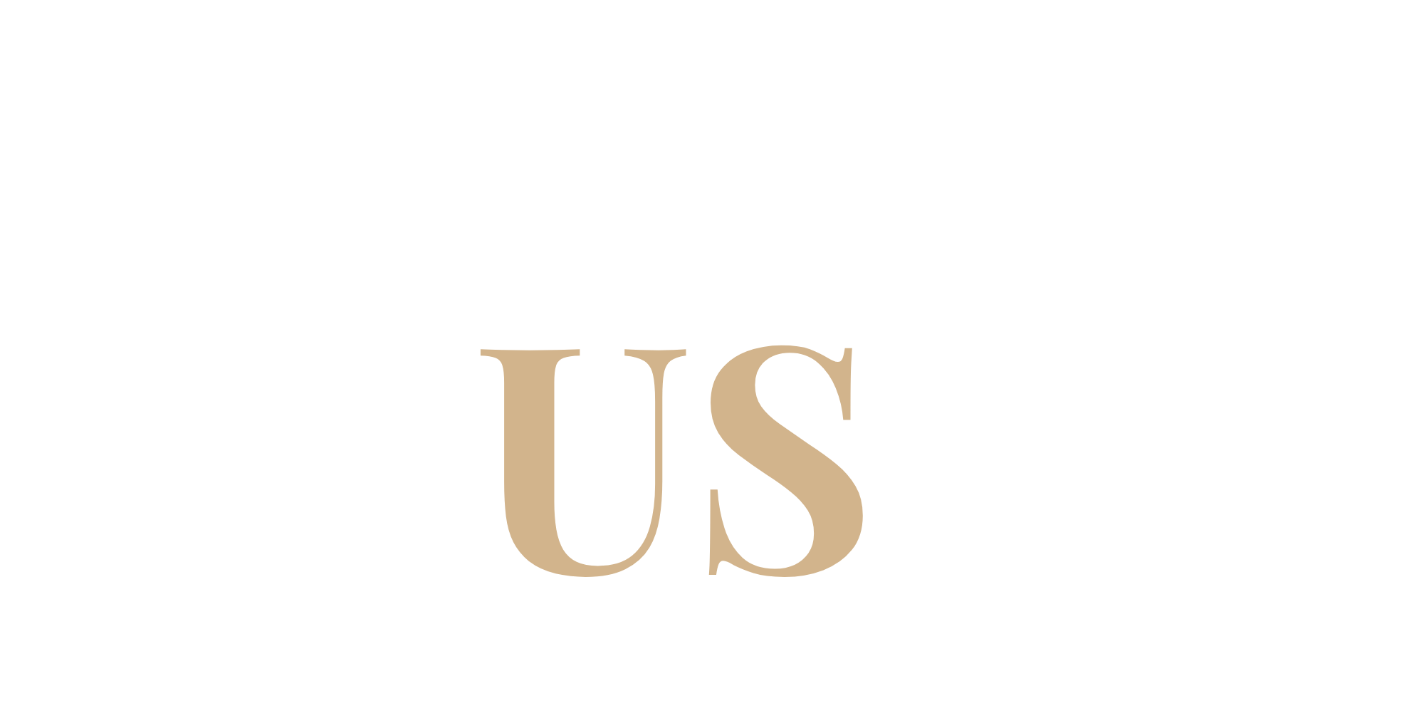 Text reading 'About Us' with 'About' in white and 'Us' in tan, set against a black background.