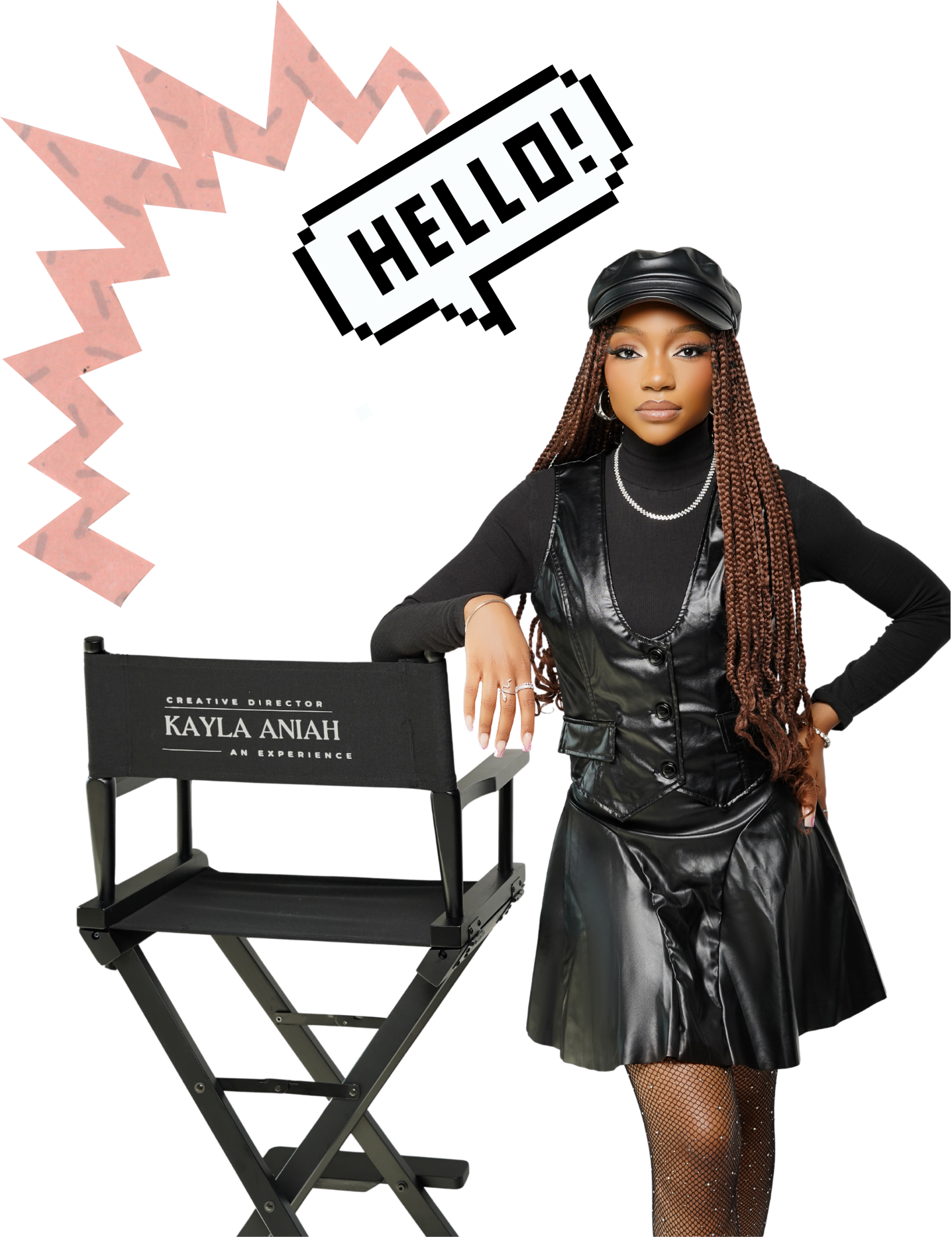 A woman artist wearing a black leather skirt and top, a black cap, and fishnet stockings, standing next to a director's chair with the name Kayla Aniah, and a speech bubble with the word hello, in a colorful graphic design background.