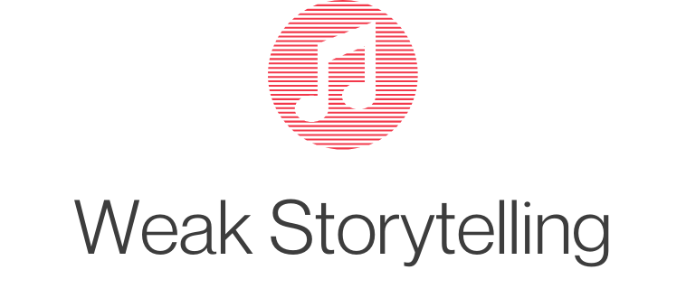Logo with a red circle containing a musical note, above the words 'Weak Storytelling' in black and gray text.