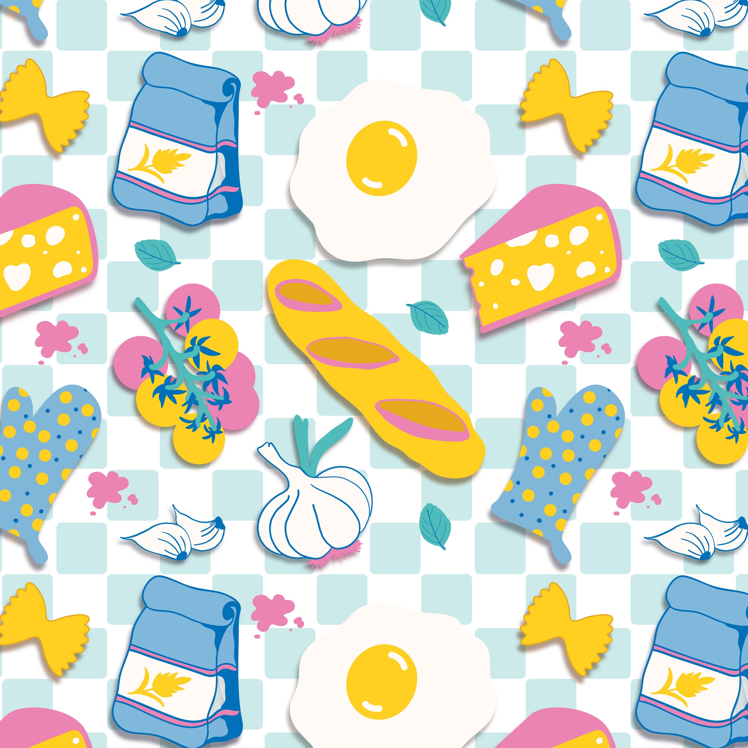 Pattern of food items including eggs, cheese, garlic, bread, grapes, and packets of flour on a checkered background.