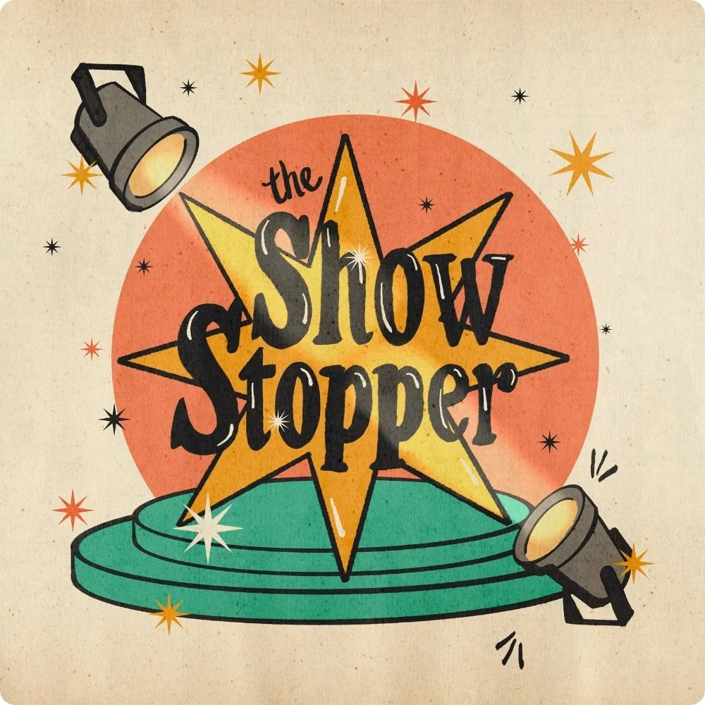Vintage-style poster for 'The Show Stopper' featuring a large star, stage lights, and decorative sparklers.