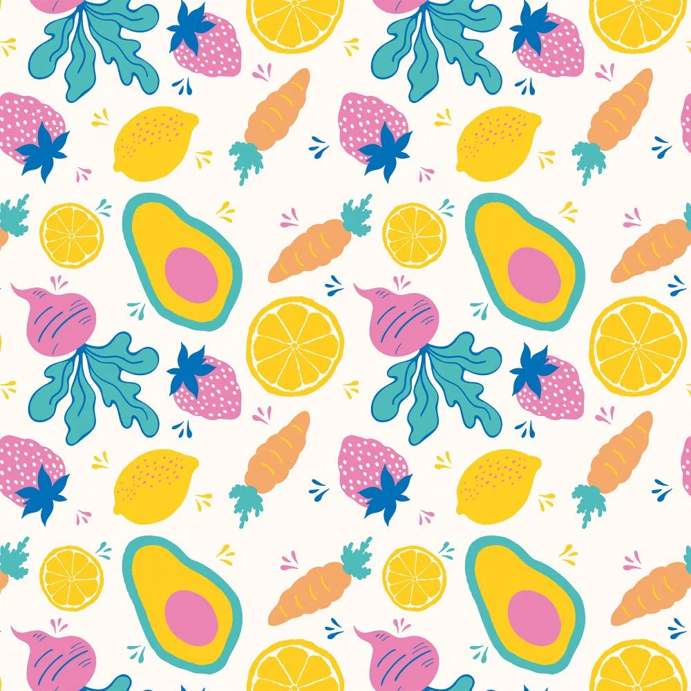 Pattern with illustrations of lemons, strawberries, carrots, avocado halves, and pink onions on a white background.
