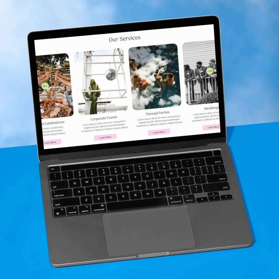 Laptop displaying a website with services such as social celebrations, corporate events, themed parties, and weddings, placed on a blue surface.
