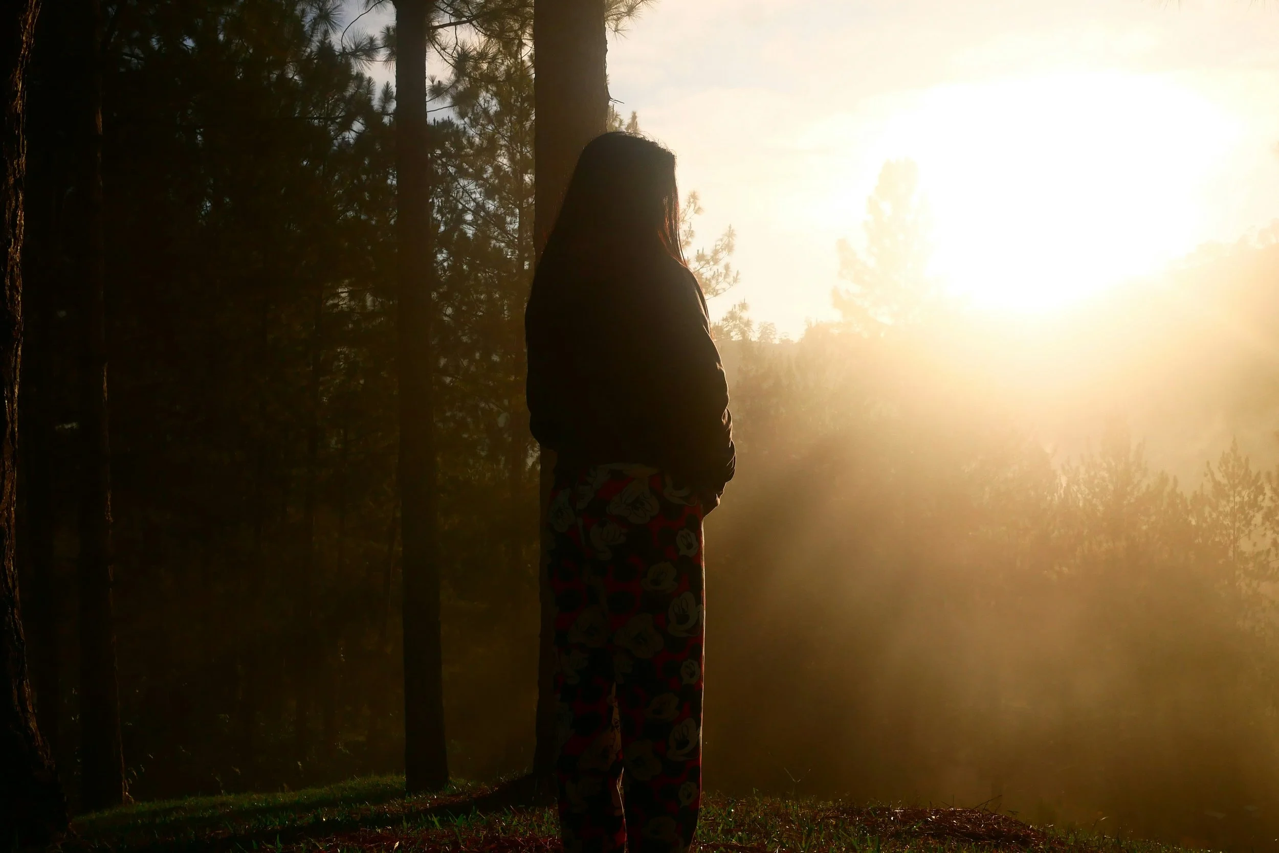A woman standing on the grass amongst trees in morning sunlight