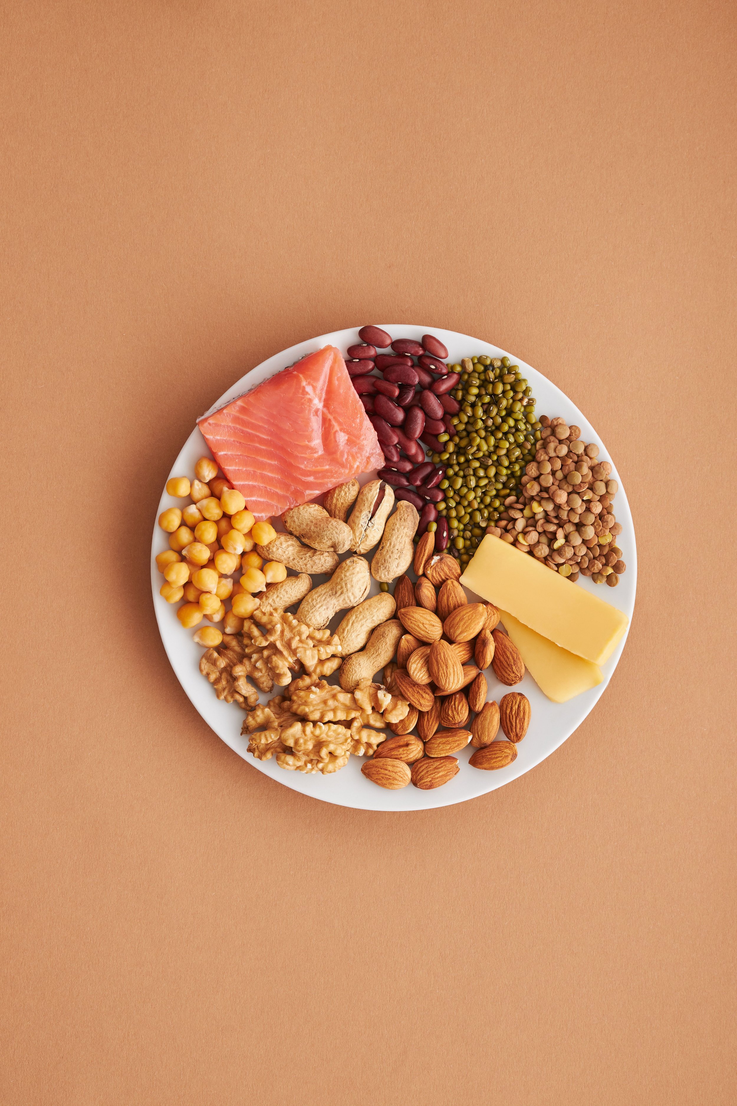 A plate full of different protein-rich foods