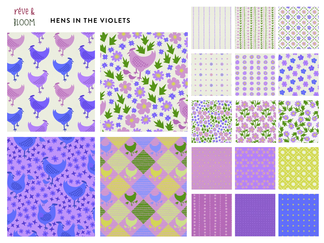 Hens in the Violets—a new fabric collection!