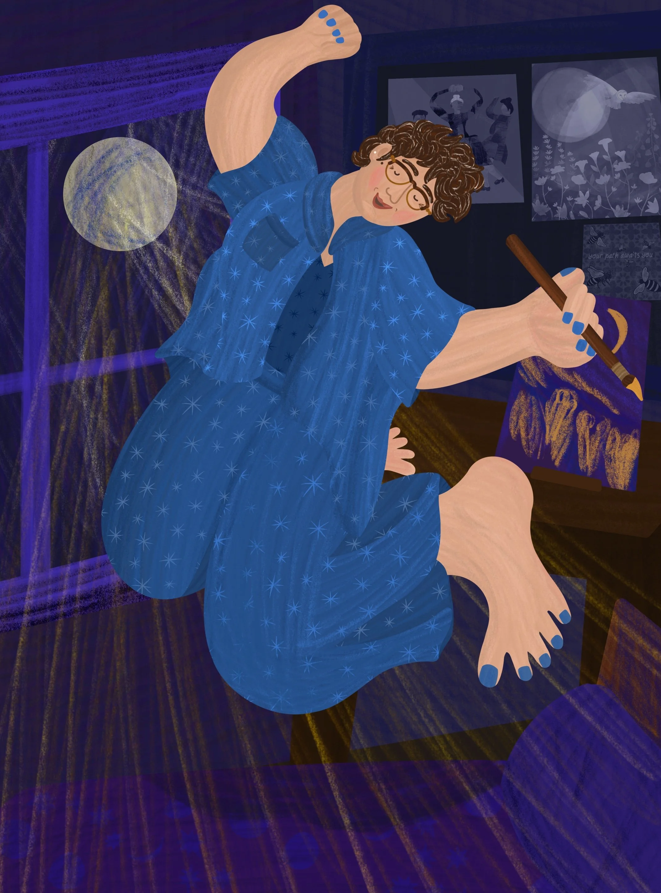 Self-portrait of Lena Hunsicker, leaping in the air with a paintbrush at night as a symbol of inspiration