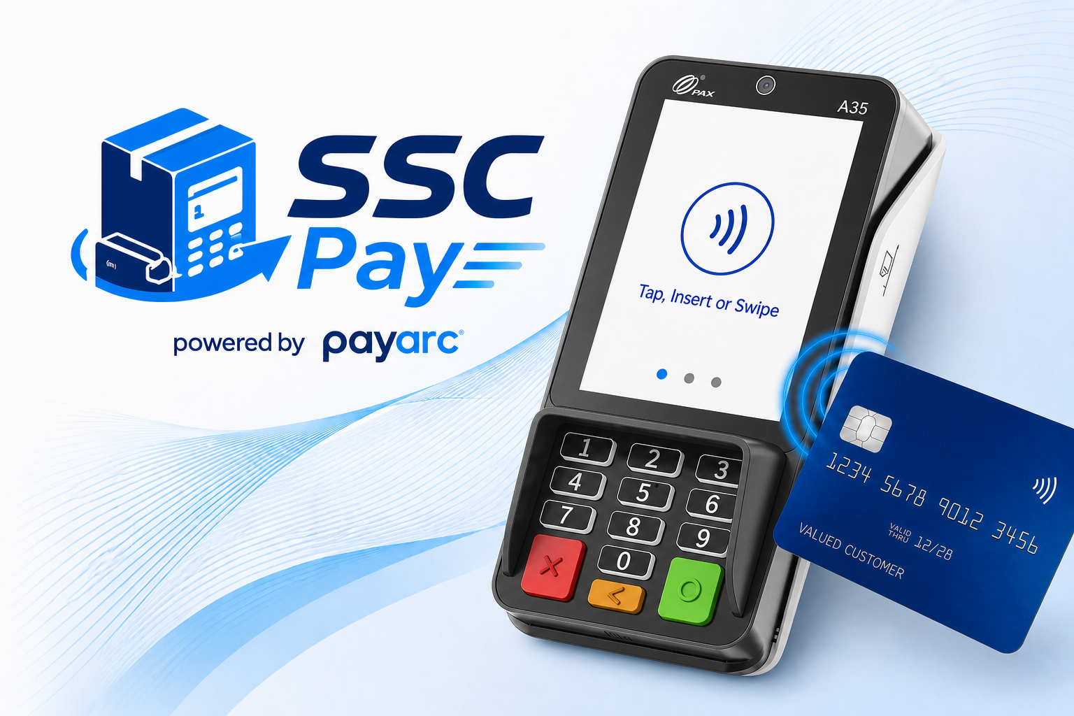 PAX A35 payment terminal displaying SSC Pay