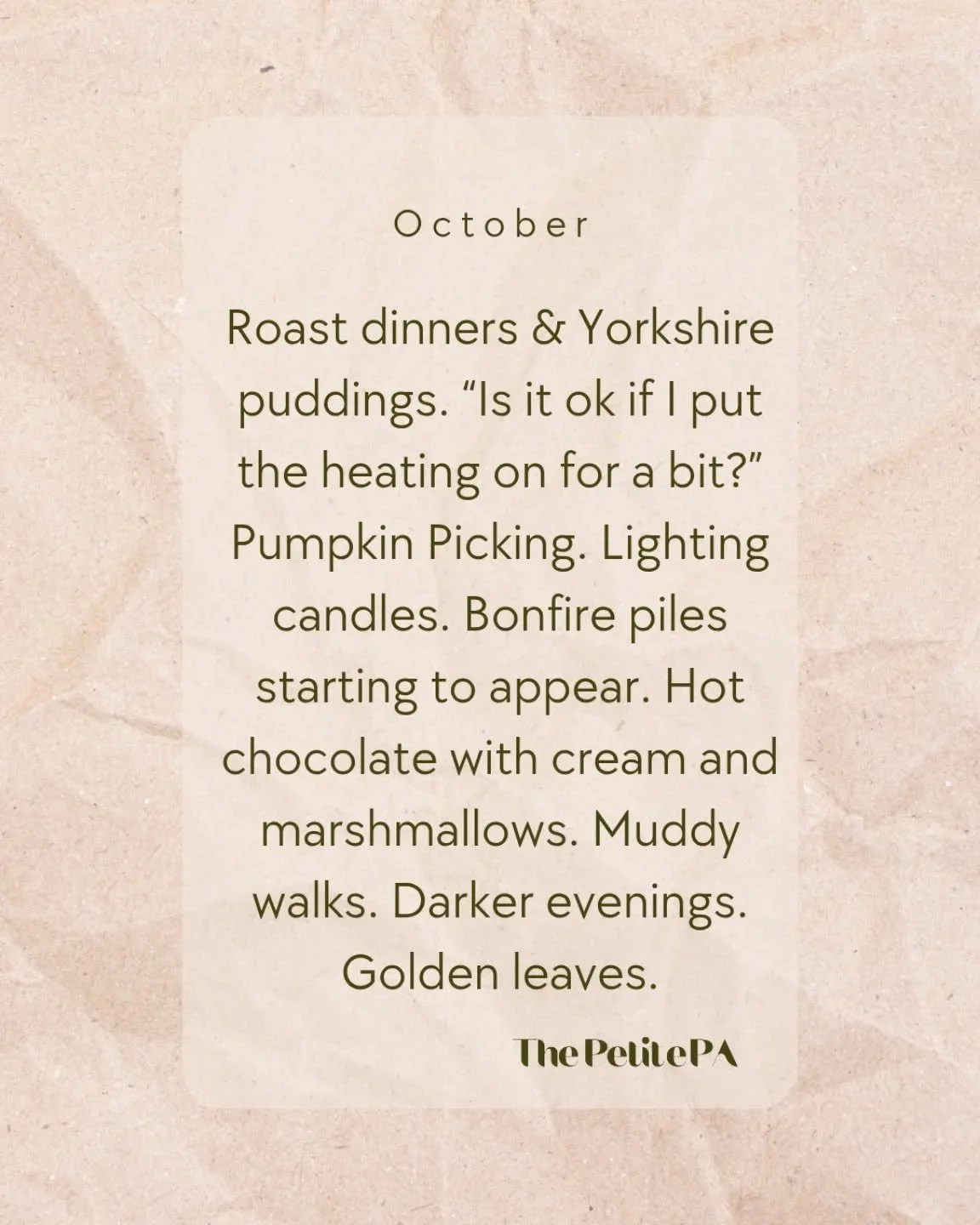 Halloween lovers 🎃 your time has come! Lots to 🤎 about October 

#octobermusings #newmonth #octobervibes #thepetitepa #thepetitepasurrey #freelancepaguildford #guildford #godalming