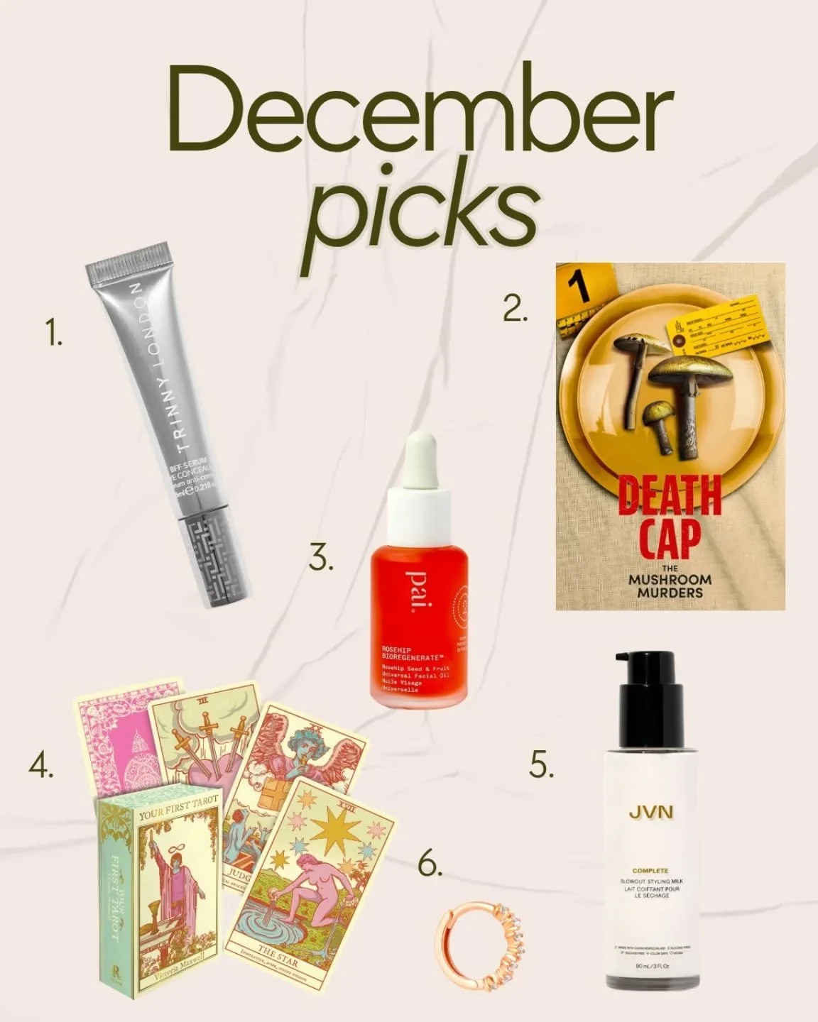 My December picks! HNY to you all, have a great evening whether that's partying the night away or going to bed at 9.30pm ✨

1. @trinnylondon BFF eye serum concealer, I stopped using this for a while and I don't know why, as nothing else compares, it'