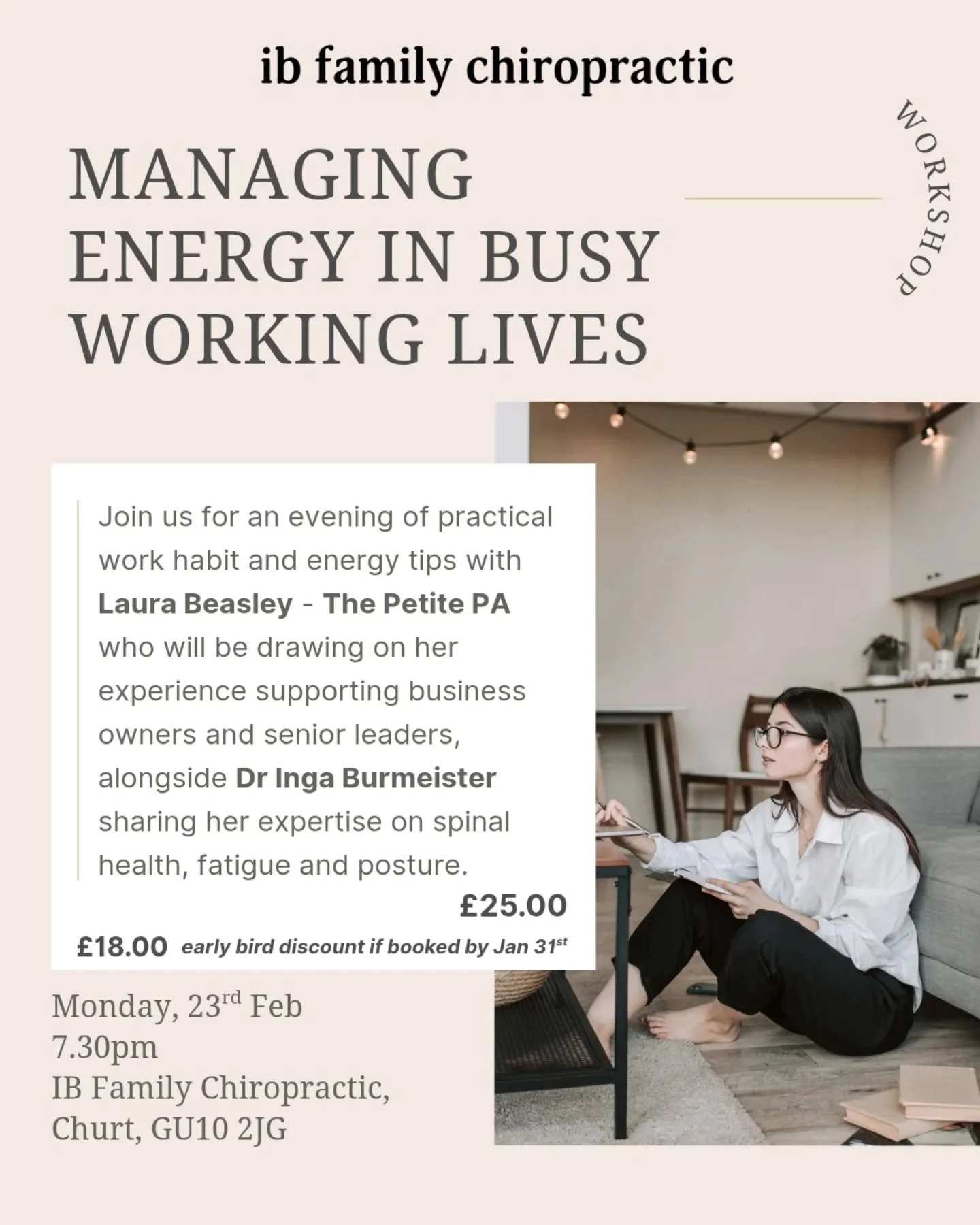 Eeeep. 

Really looking forward to this! Join me and Inga @ib.family.chiropractic_churt at her beautiful clinic in Churt for an evening of practical life and work habit tips. 

If you ever feel overwhelmed by life's responsibilities or you would like