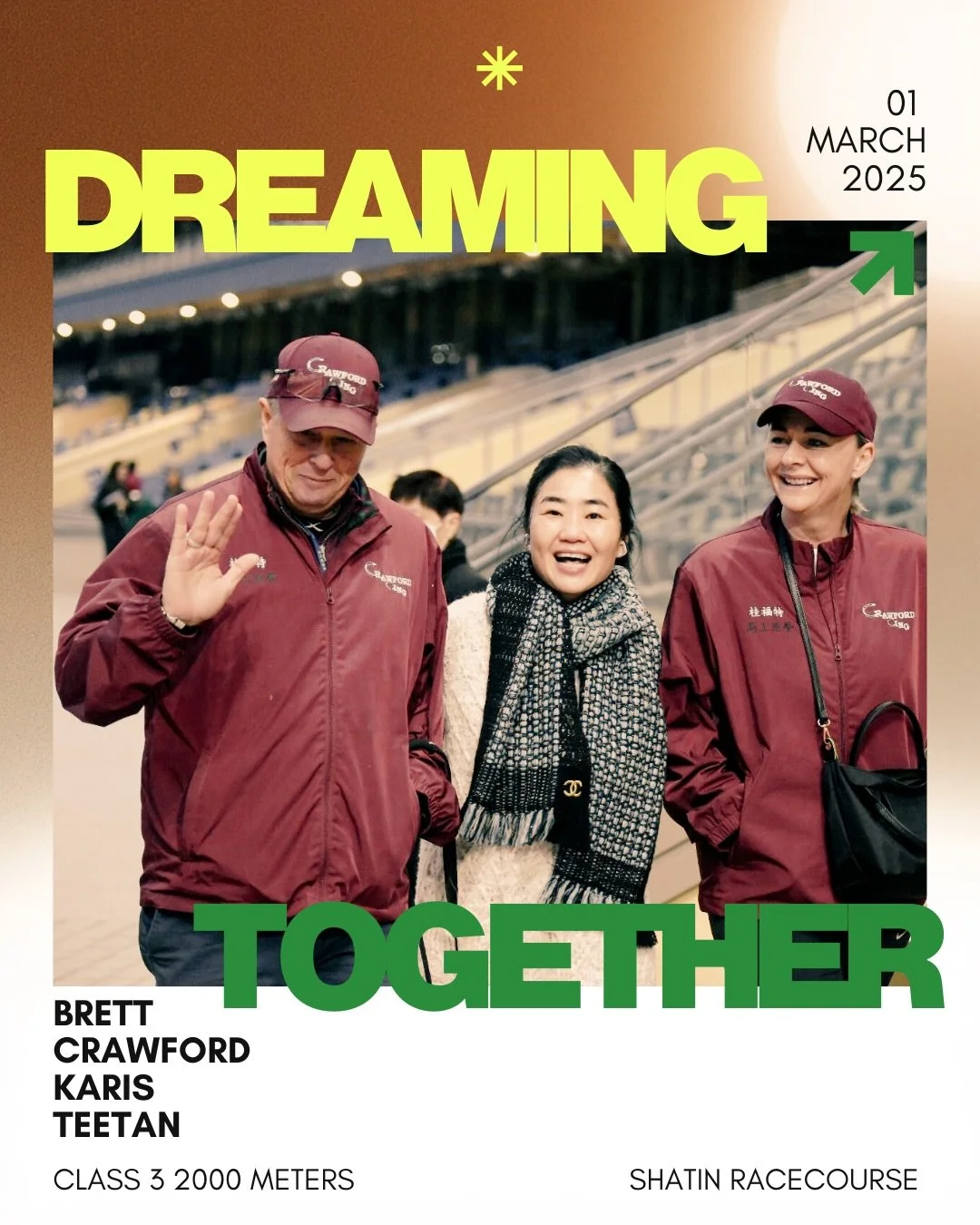 Dreaming Together, with jockey Karis Teetan, will race over 2000 meters from barrier 5. We would like to thank @hkcrawfordracing and @karisteetan for their hard work and effort! Our fingers our 🤞 and we will be cheering you on!