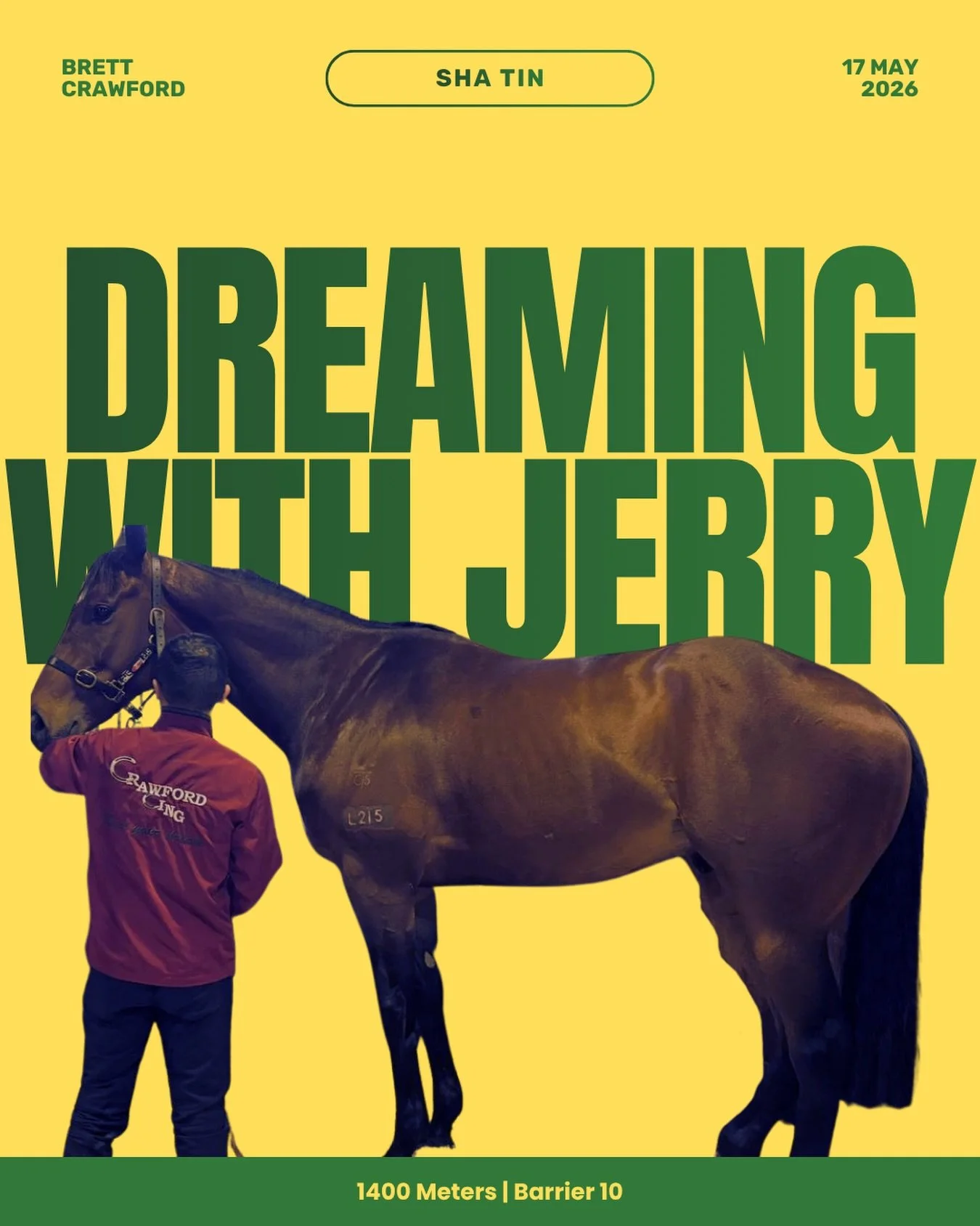 Dreaming Together, with jockey Jerry Chau, will race over 1400 meters from barrier 10. Thank you to @hkcrawfordracing and @jerrychauhk for their hard work and effort! We can&rsquo;t wait to see what Dreaming Together does this prep!