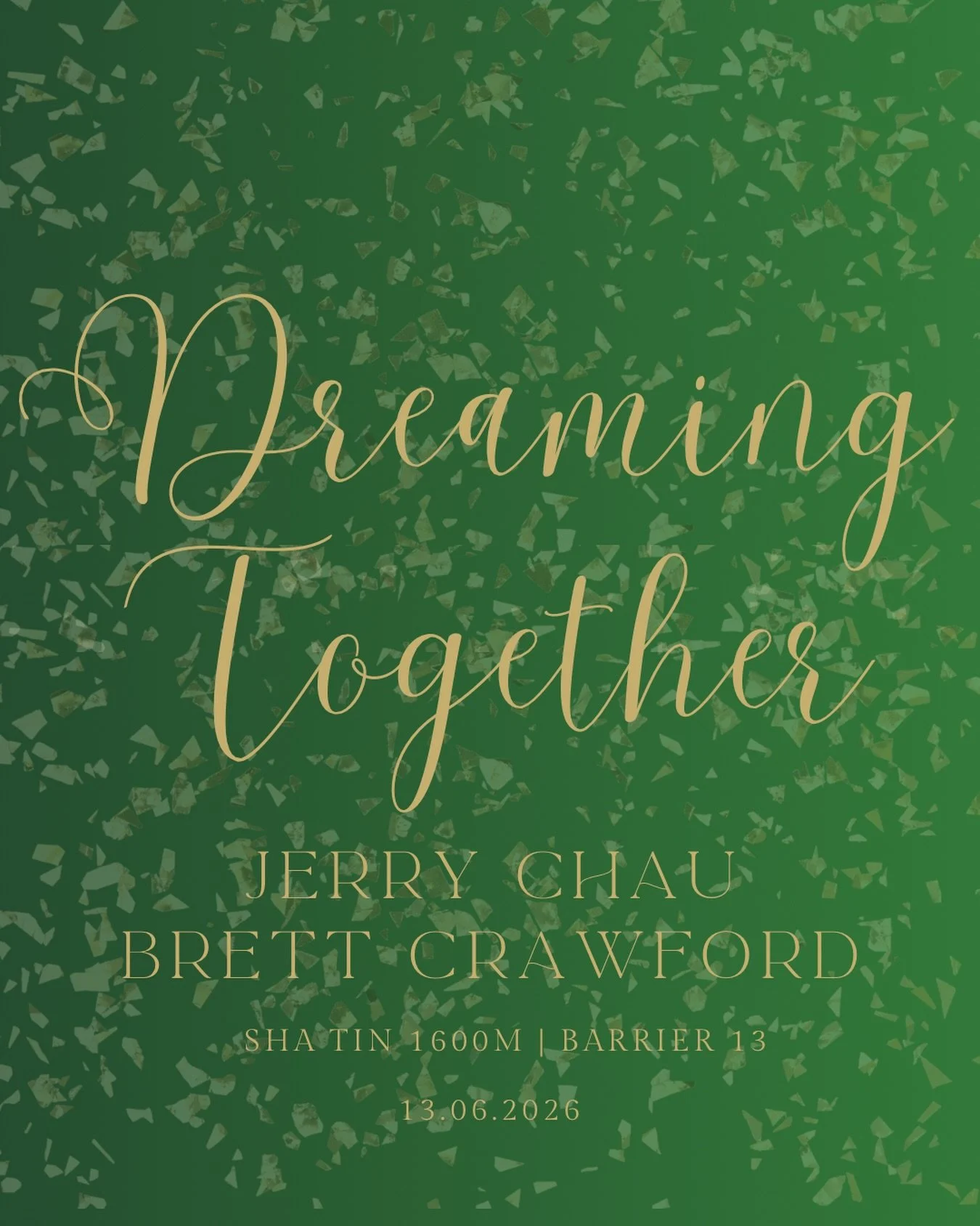 Dreaming Together, with jockey Jerry Chau, will race over 1600 meters from barrier 13. Thank you to @hkcrawfordracing and @jerrychau.official for their hard work and effort! We can&rsquo;t wait to kick past the line!