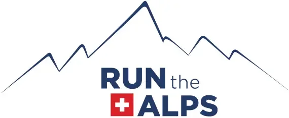Logo with stylized mountain peaks and the text 'RUN the ALPS', featuring a red Swiss flag icon.