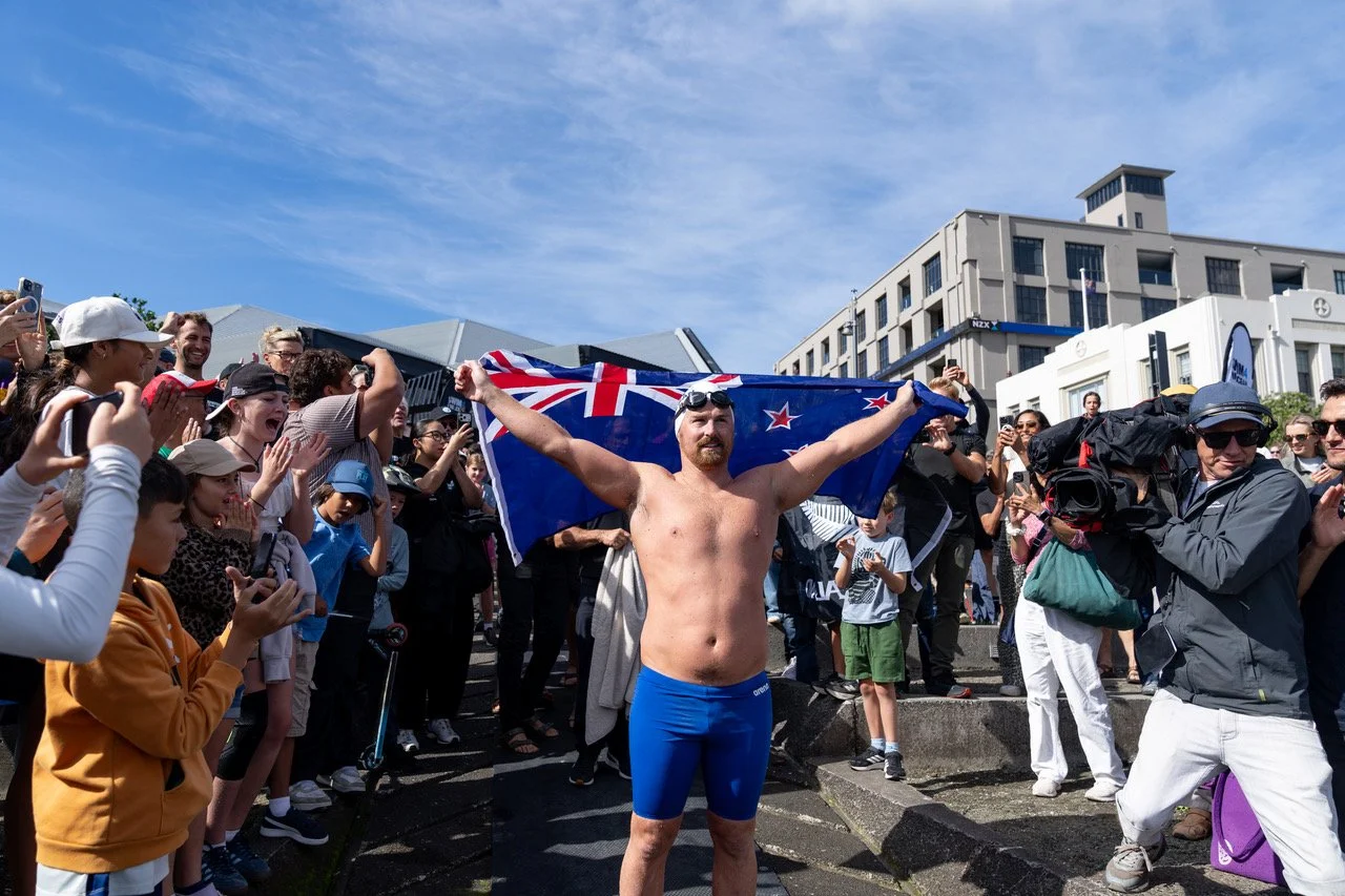 Swim4TheOcean: Jono Ridler at Wellington’s waterfront, 4 April 2026, photographed by Joshua McCormack.
