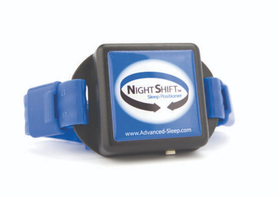 A blue and black sleep positioner device labeled 'Night Shift' with a website URL 'www.Advanced-Sleep.com'.