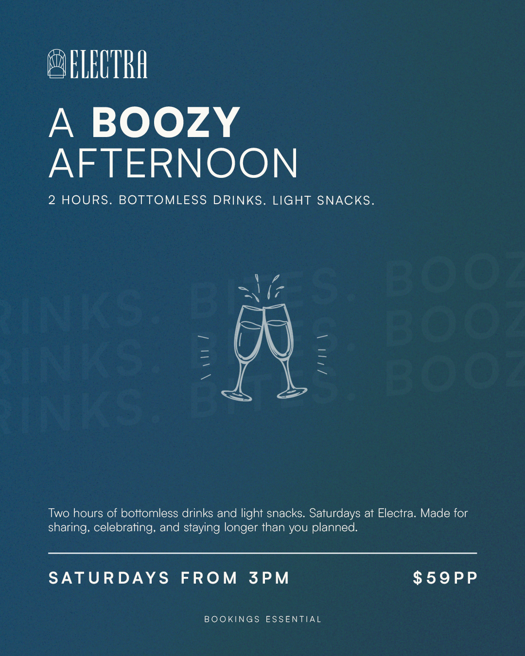 A promotional poster for Electra advertising a two-hour boozy afternoon event with bottomless drinks and light snacks on Saturdays starting from 3 p.m., costing $59 per person, with a focus on celebration and staying longer.