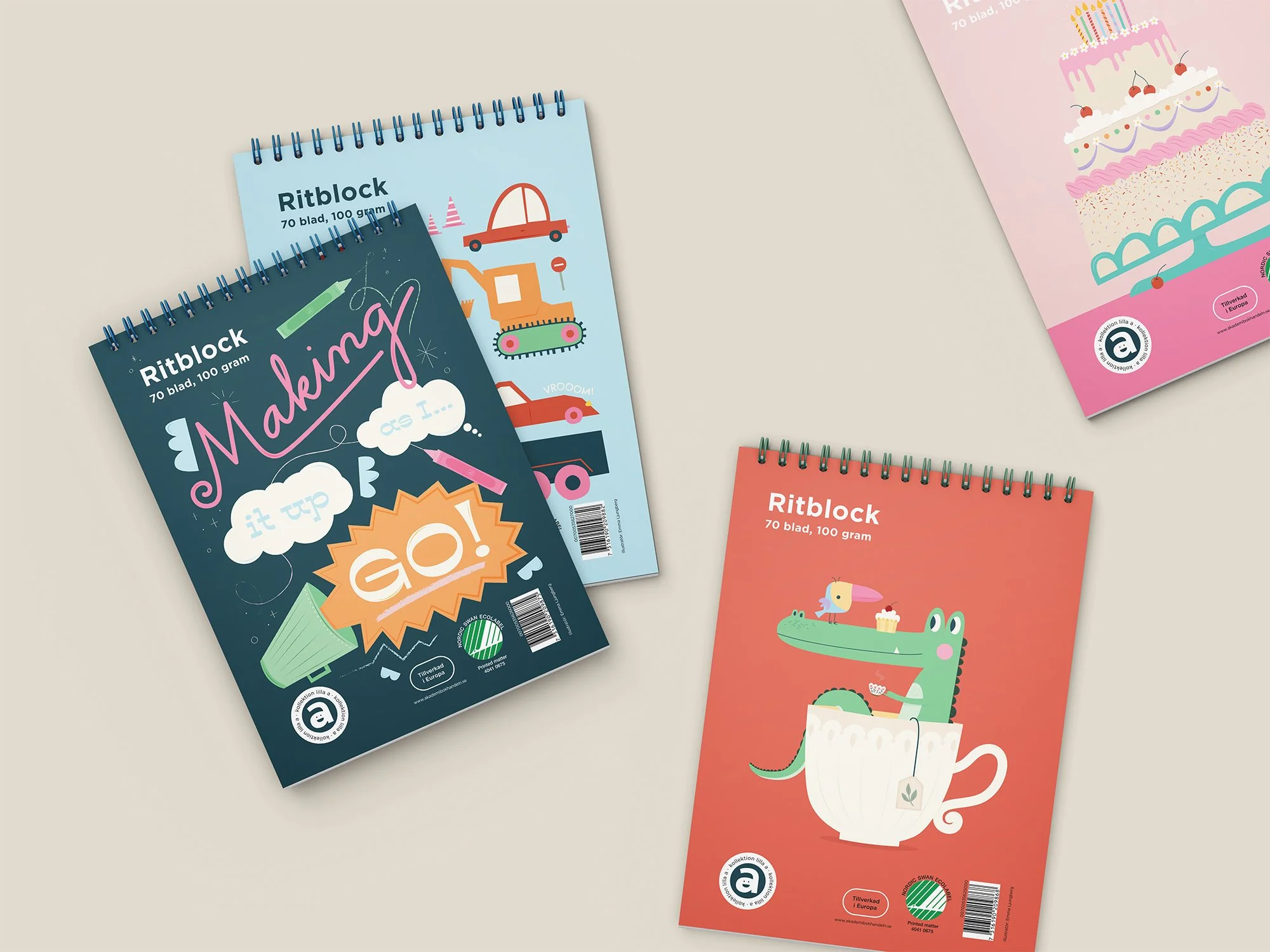 AKADEMIBOKHANDELN Playful illustrations for a collection of coloring pads in for children. A total of nine different illustrations in sizes A6, A5 and A4 offer something for every style while still maintaining a cohesive feel.