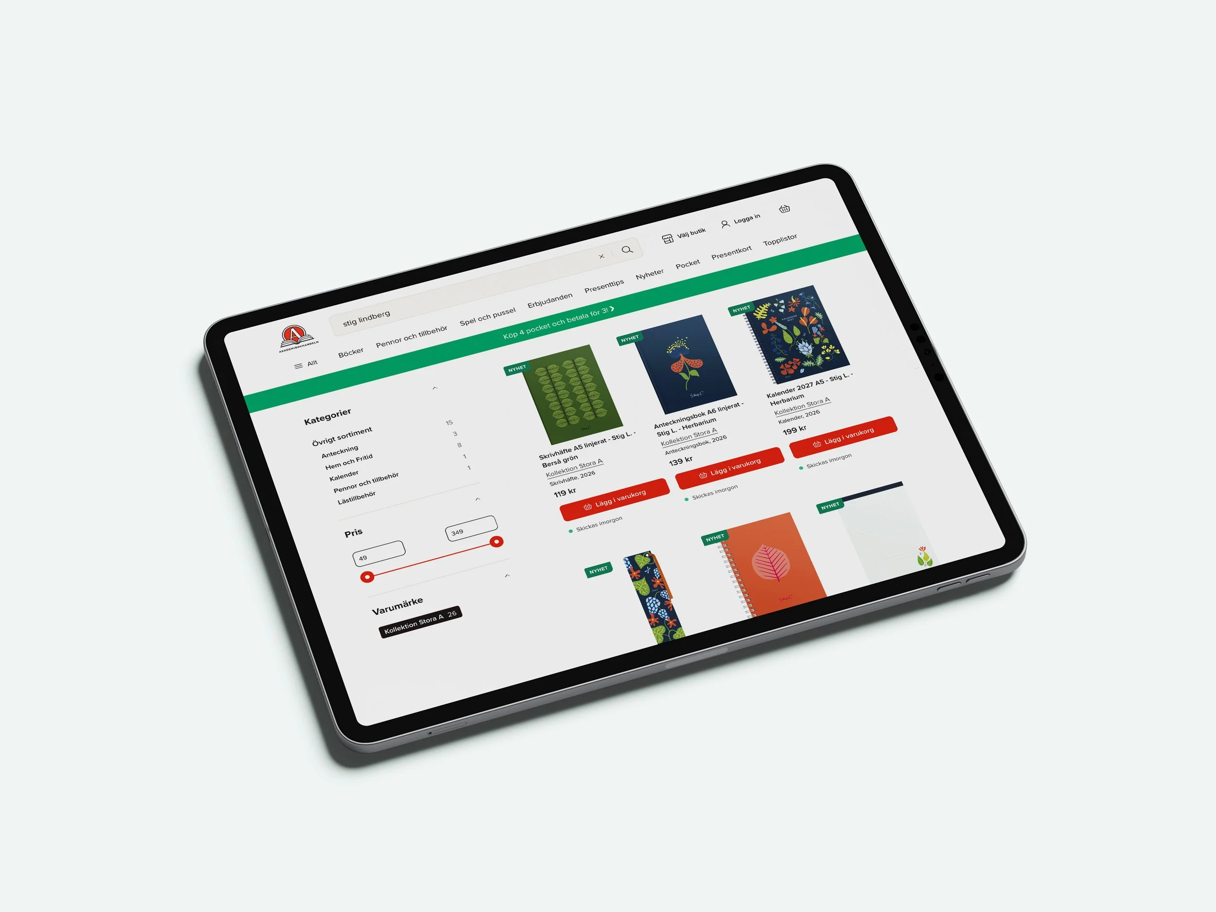 AKADEMIBOKHANDELN x STIG LINDBERG  Product design for Akademibokhandeln, translating Stig Lindberg's iconic mid-century patterns Berså and Herbarium into a contemporary range of stationery and paper goods.  Launched in stores and online April 2026.