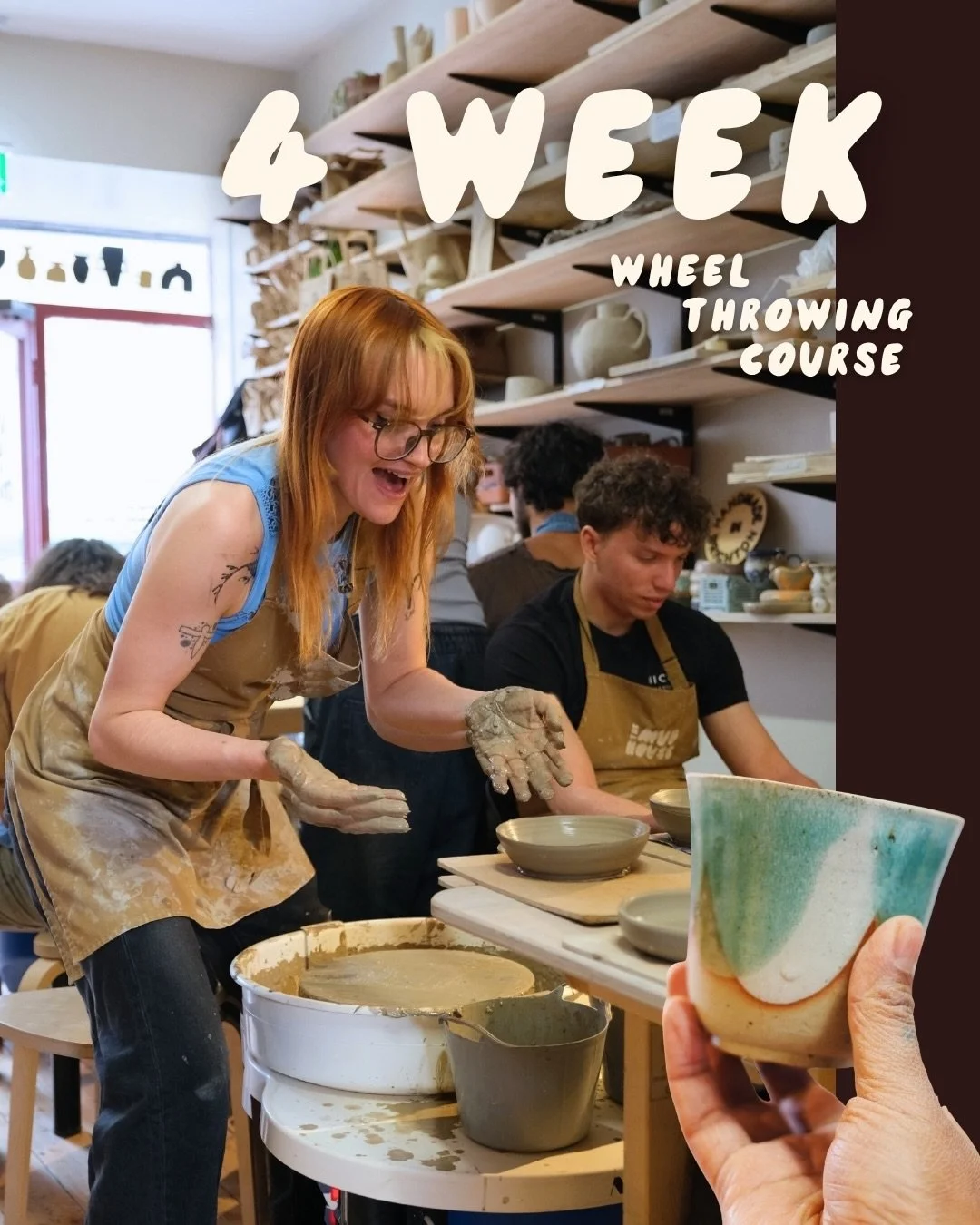 🤔 So what actually happens at a 4 week wheel throwing course? Let&rsquo;s get into it! ⬇️

✨ Week 1: Throwing Cylinders! Learn the basics of clay and throw your first piece, which can become a cup, mug, or tiny plant pot! 

✨ Week 2: Throwing Bowls!