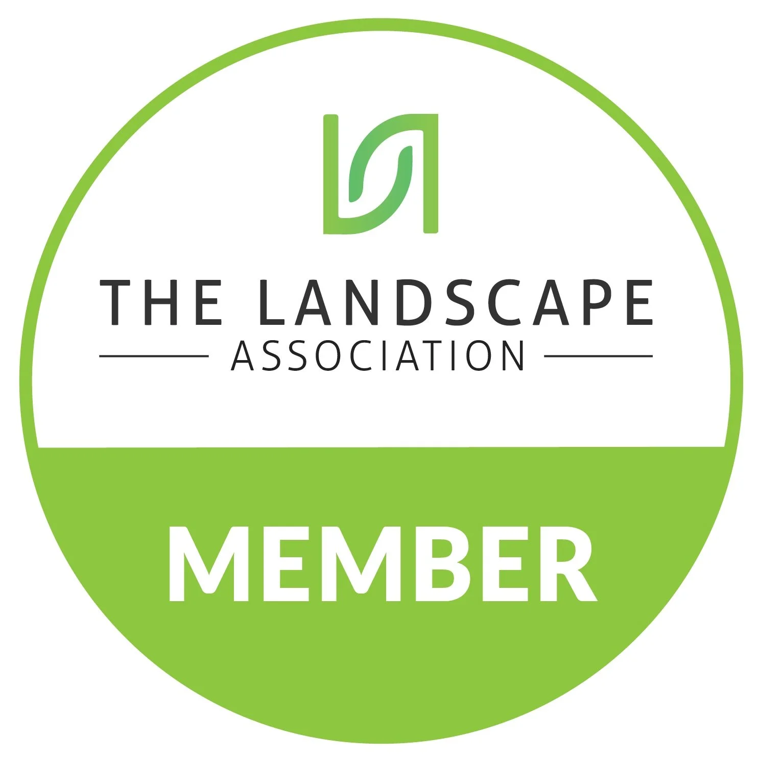 Circle badge with green and white background, featuring the logo and text 'The Landscape Association Member'.