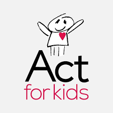 A cartoon drawing of a happy child with arms raised, wearing a white shirt with a pink heart, above the words "Act for kids" in black and pink text.