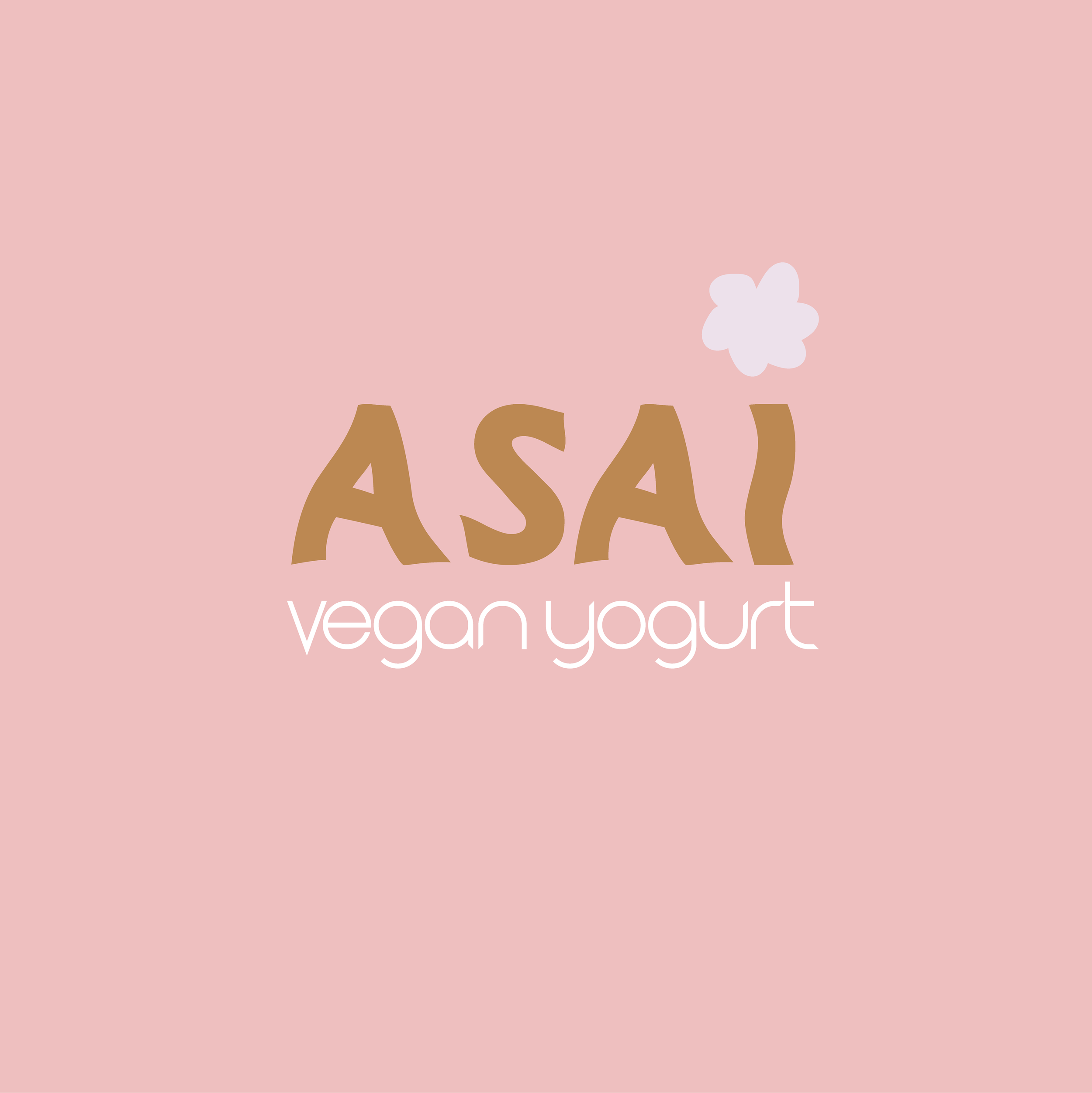 Logo de la marque Asai Vegan Yogurt sur fond rose pâle avec un petit dessin de fleur blanche