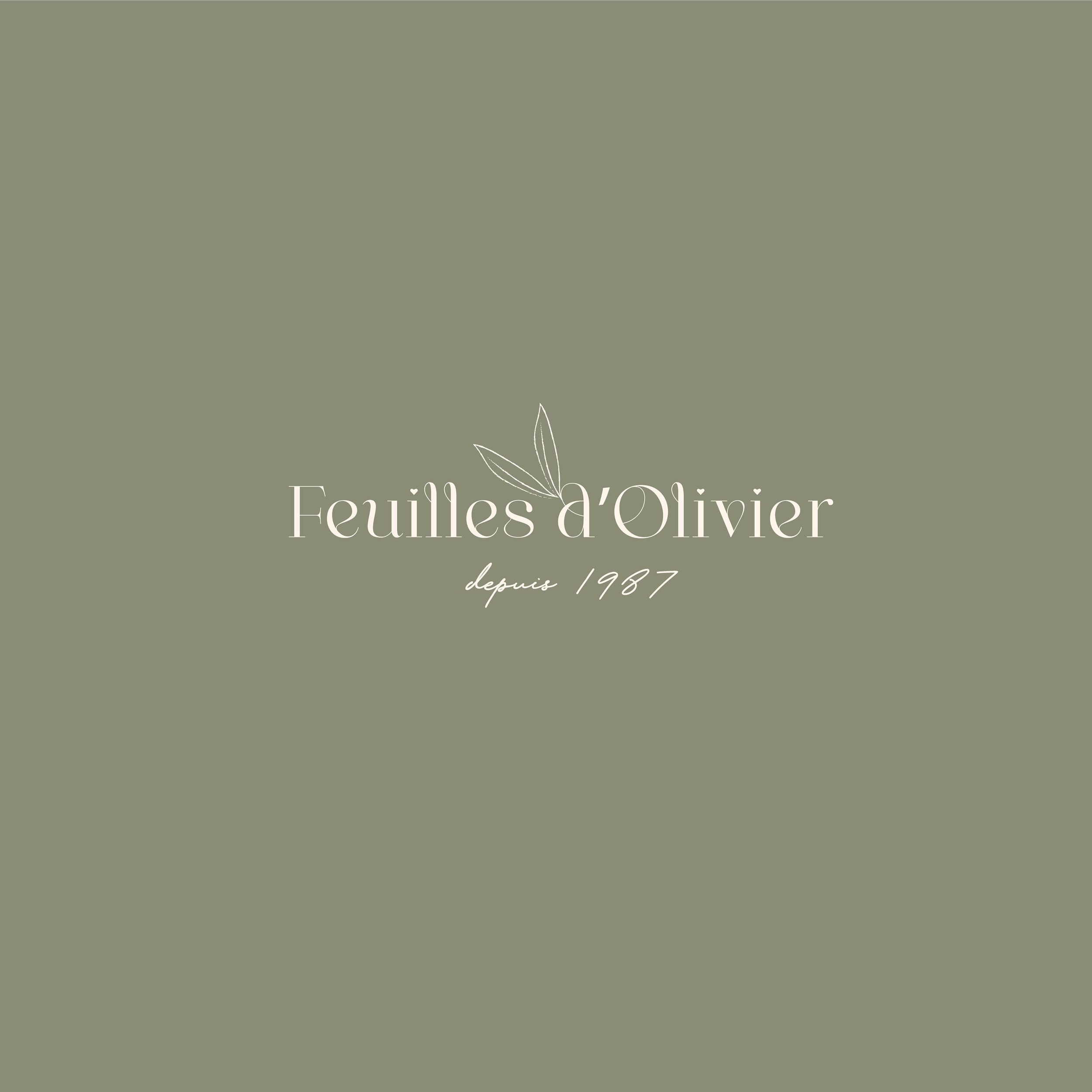Logo de Feuilles d'Olivier avec texte disant 'depuis 1987' sur un fond vert olive