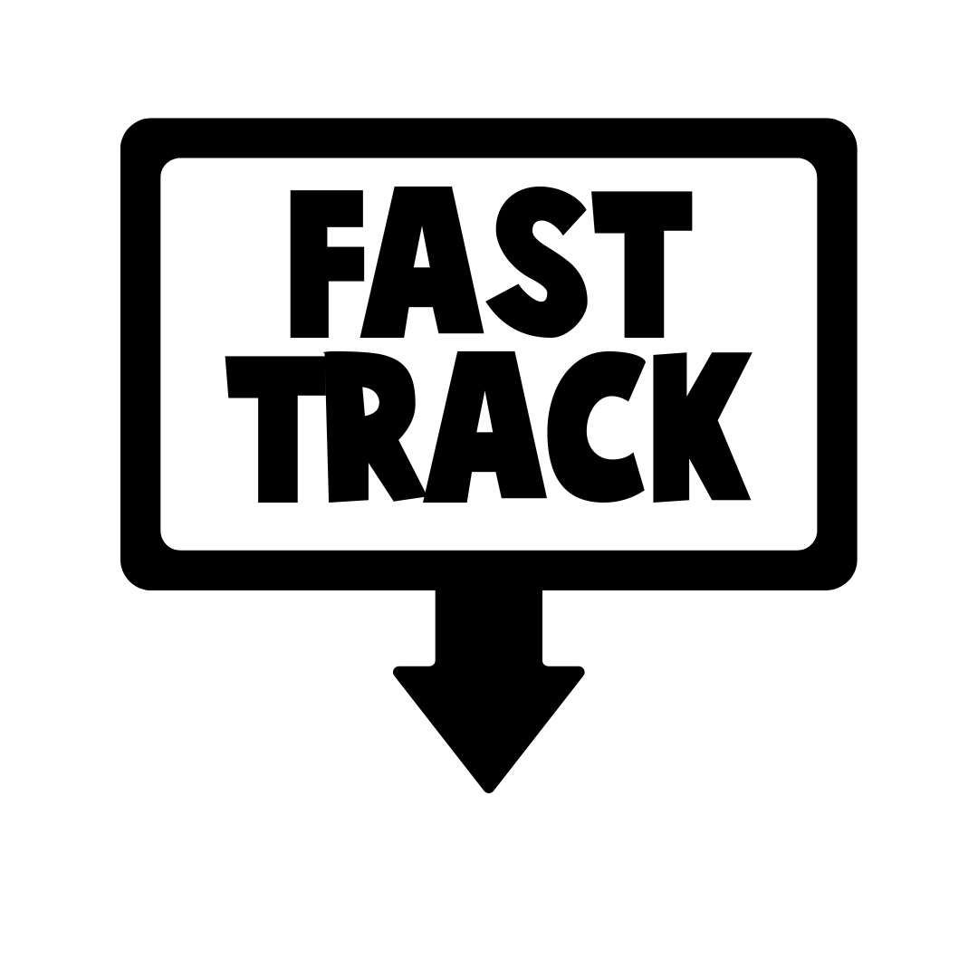 Black and white "Fast Track" sign with bold text.