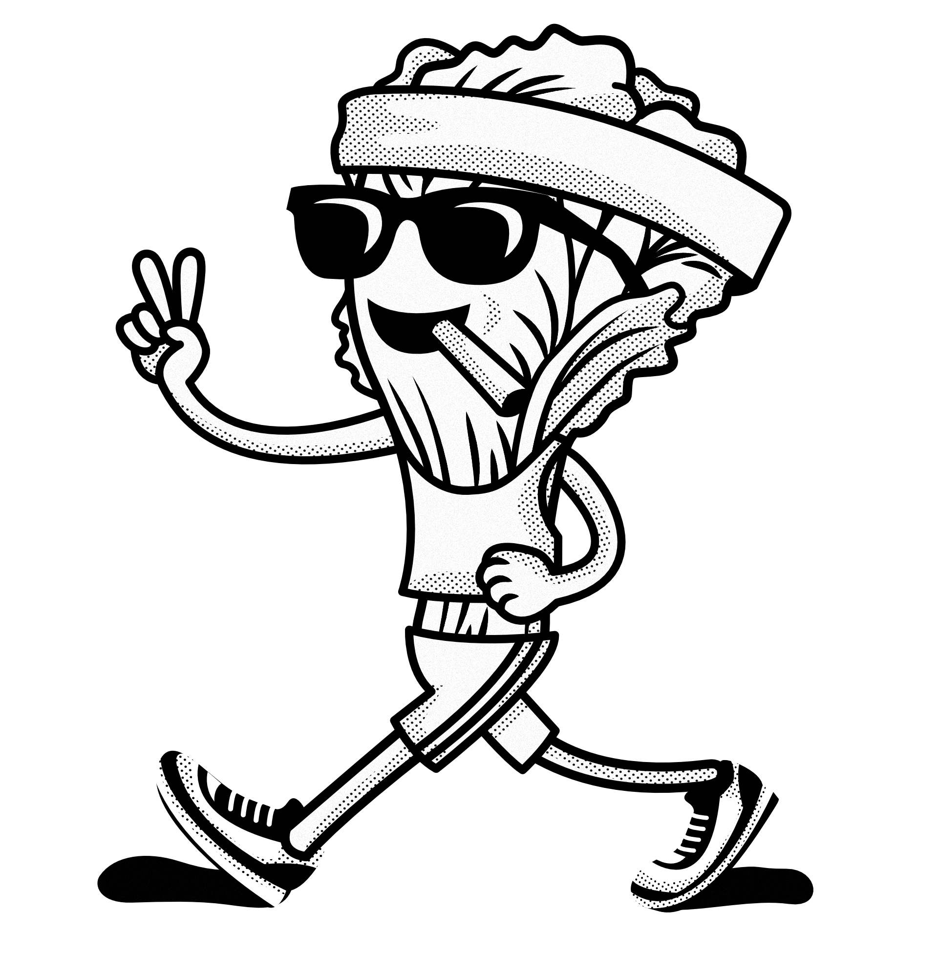 Cartoon lettuce character wearing sunglasses and a headband while jogging, showing a peace sign, against a black background.