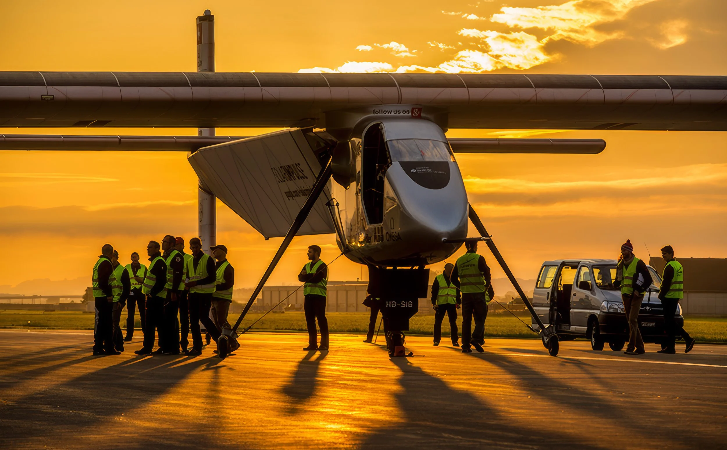 Solar powered airplane solar impulse at Sevilla airport. Sustainability event.