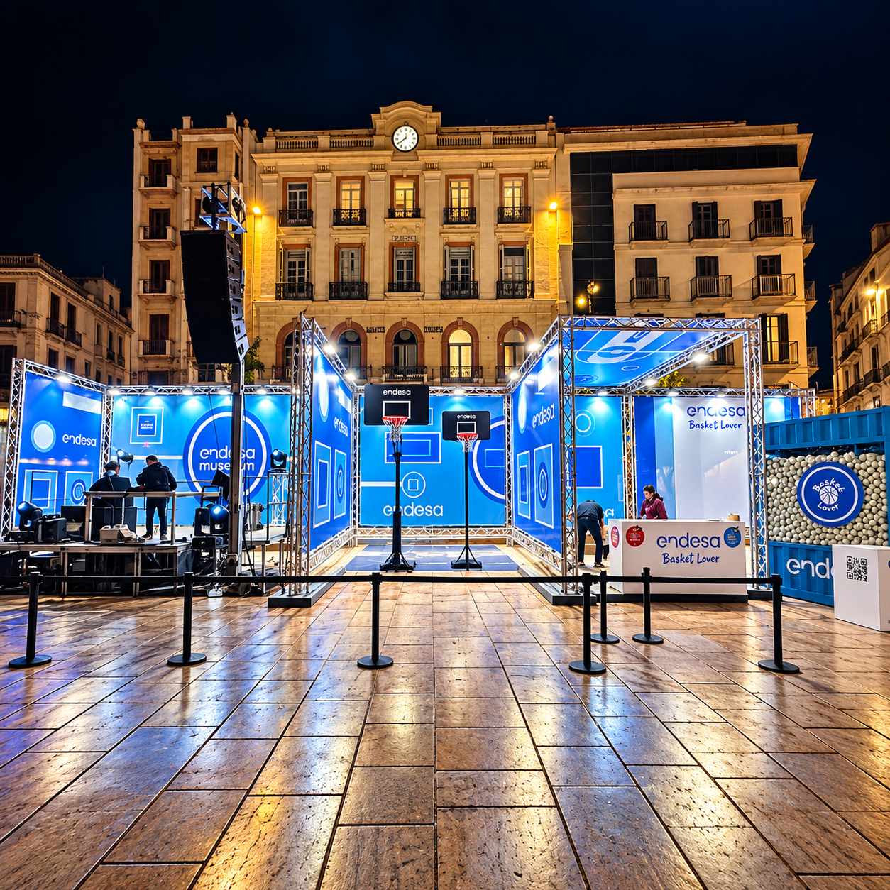 Basketball themed brand activation for Endesa during la copa del rey, branding, truss stage setup by expo imagen in malaga spain. 