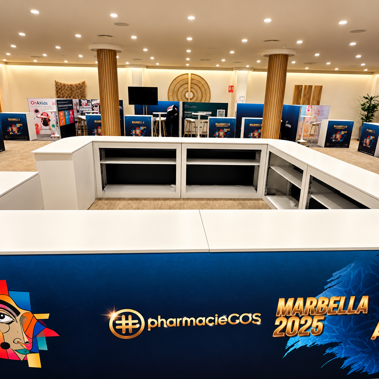 Custom congress registration counter with branded graphics and modular reception structure for pharmacieGOS Marbella.
