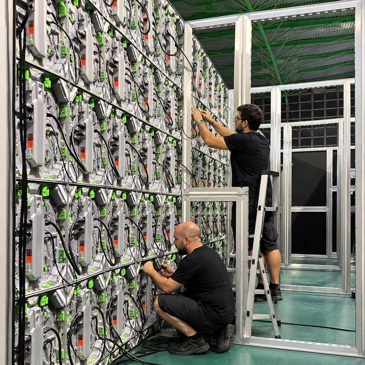EXPO IMAGEN technicians installing modular LED video wall panels and audiovisual structures for an event production.