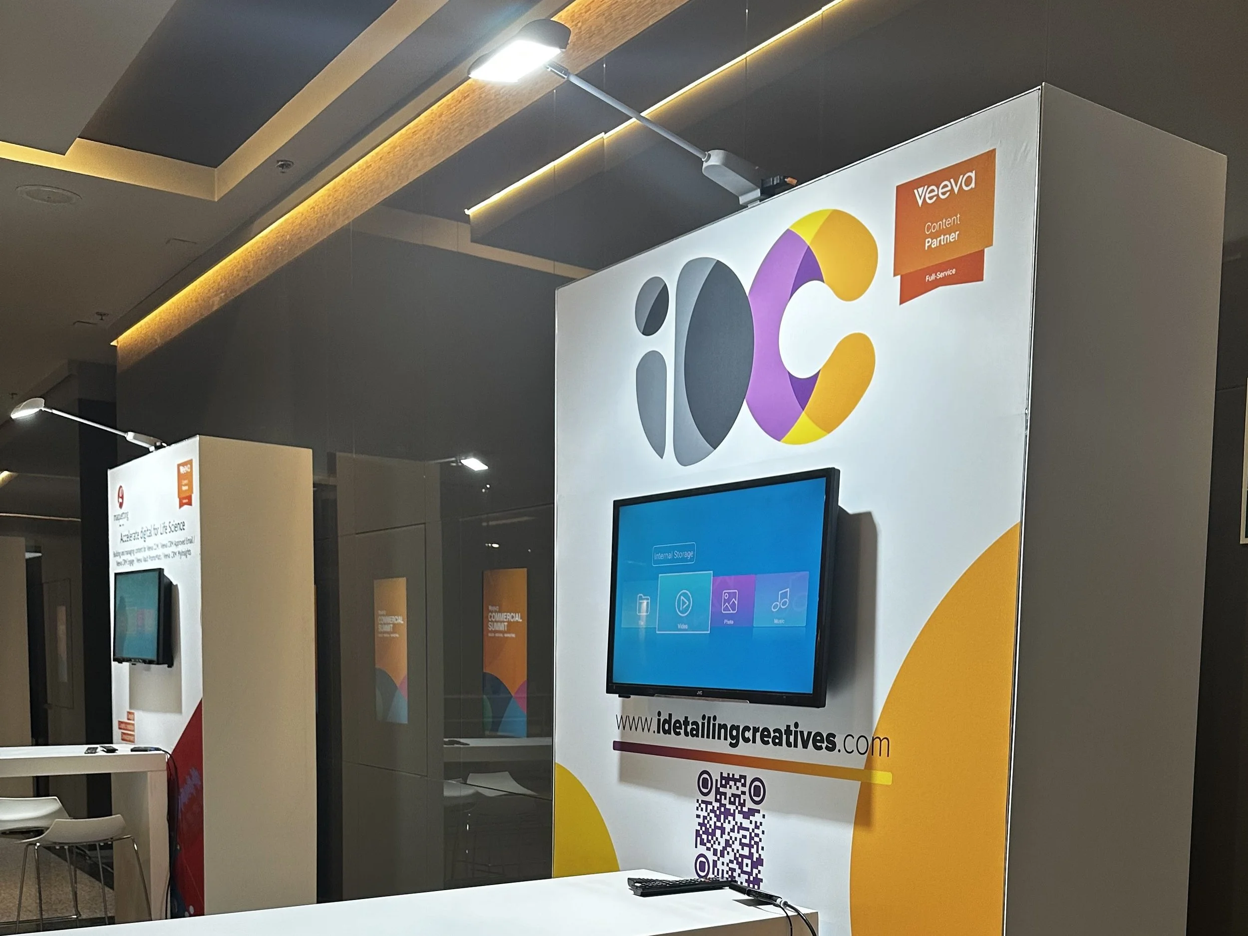 Sponsored exhibition stand hire, instalation and production. beMatrix structure, tensed cloth fabric printing, furniture, tv and media player along with table and high stools.
