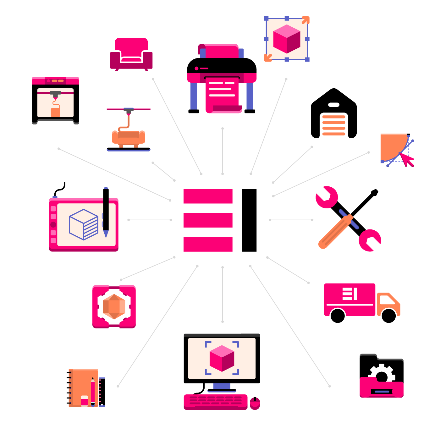 3D design and processes, including printing, rendering, and various software interfaces.