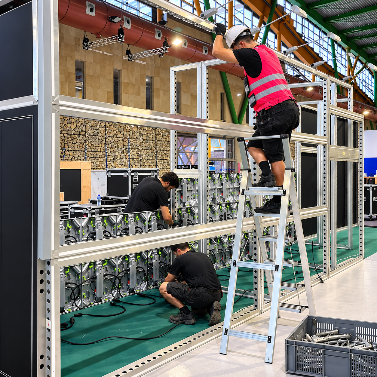 EXPO IMAGEN production team installing LED display panels within a modular exhibition structure in Málaga.