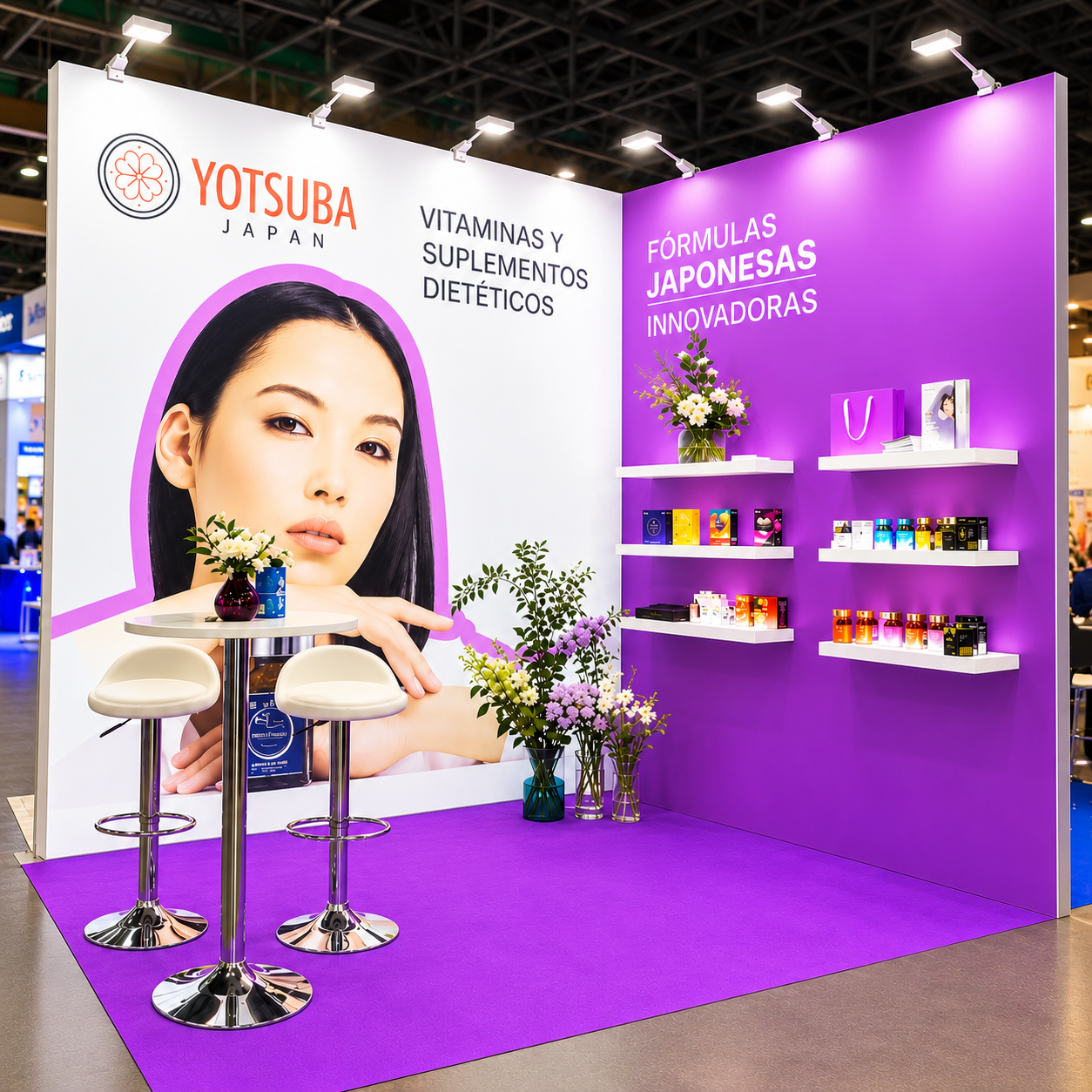 Yotsuba Japan exhibition stand with purple branded walls, illuminated product display shelves, high table and stools.