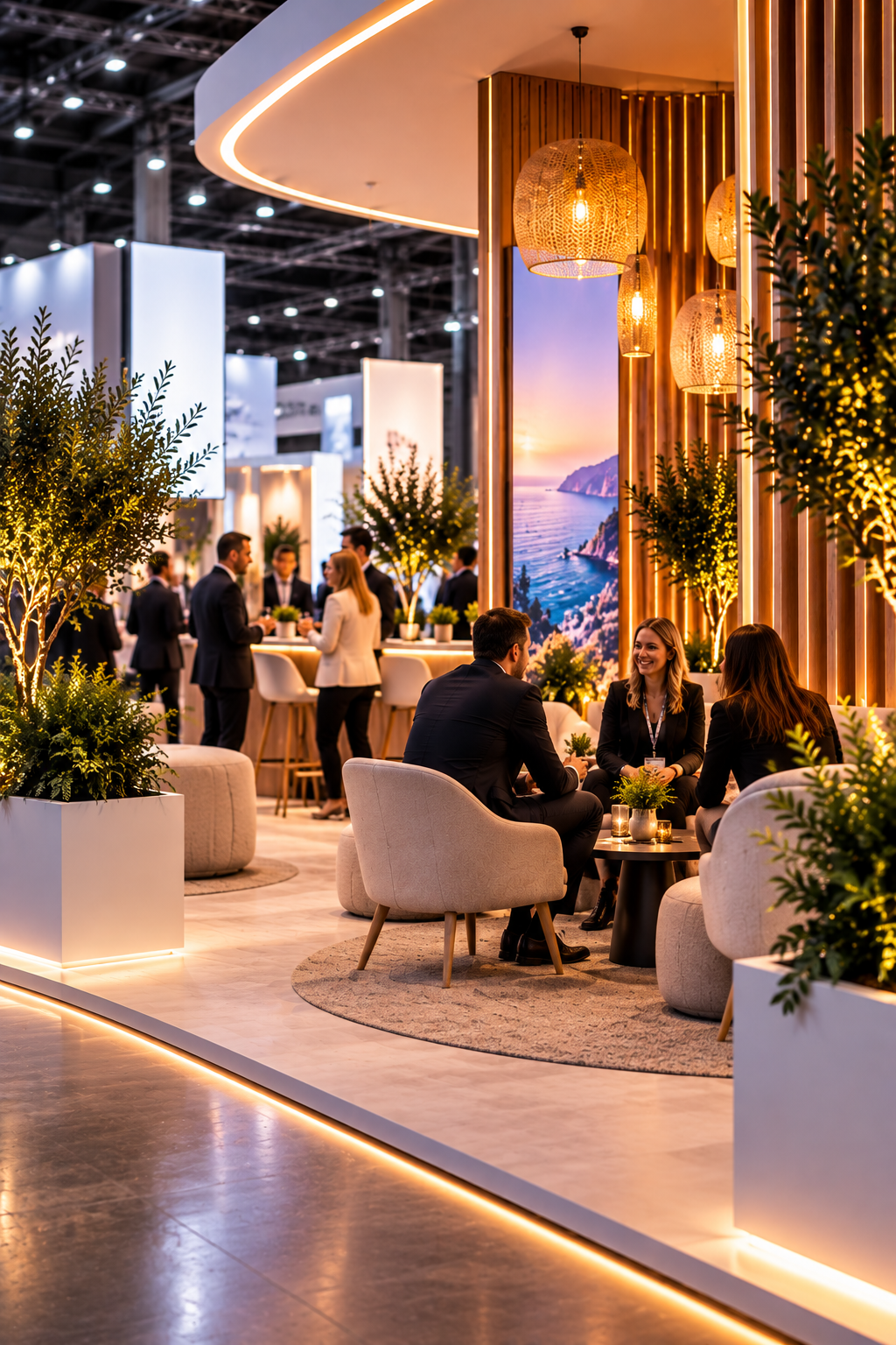 Profesionales del mundo empresarial estableciendo contactos en un moderno stand de exposición, con mobiliario de salón de alta gama e iluminación, en una feria empresarial celebrada en Málaga