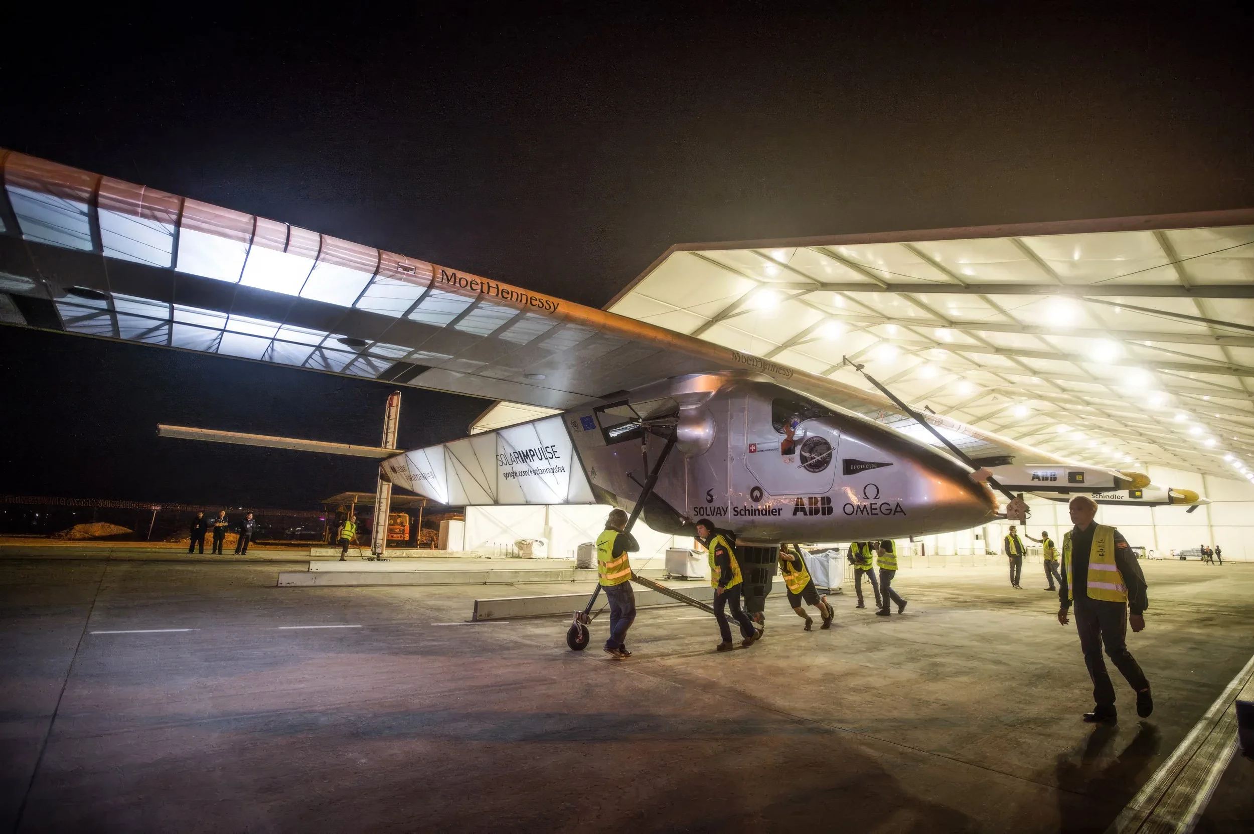 Solar powered airplane solar impulse at Sevilla airport. Sustainability event.