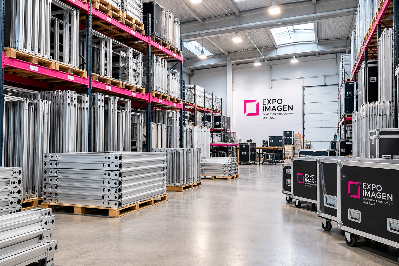 beMatrix exhibition production warehouse with modular aluminium frames and event equipment