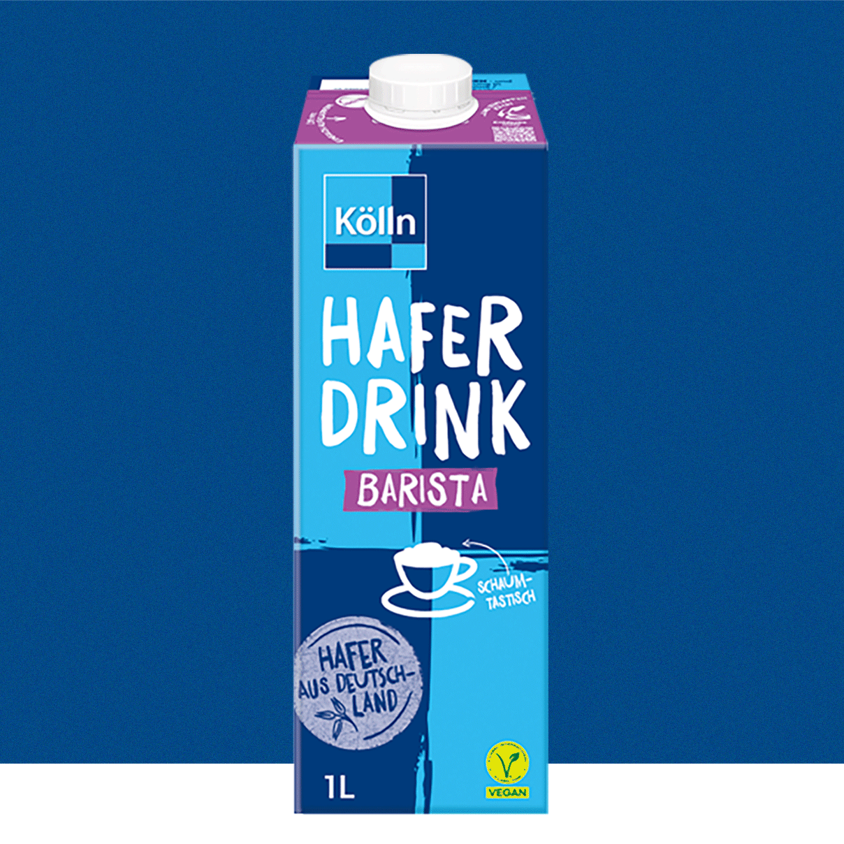 Kölln Hafer Drink Barista oat milk carton, 1-liter, blue packaging, vegan label