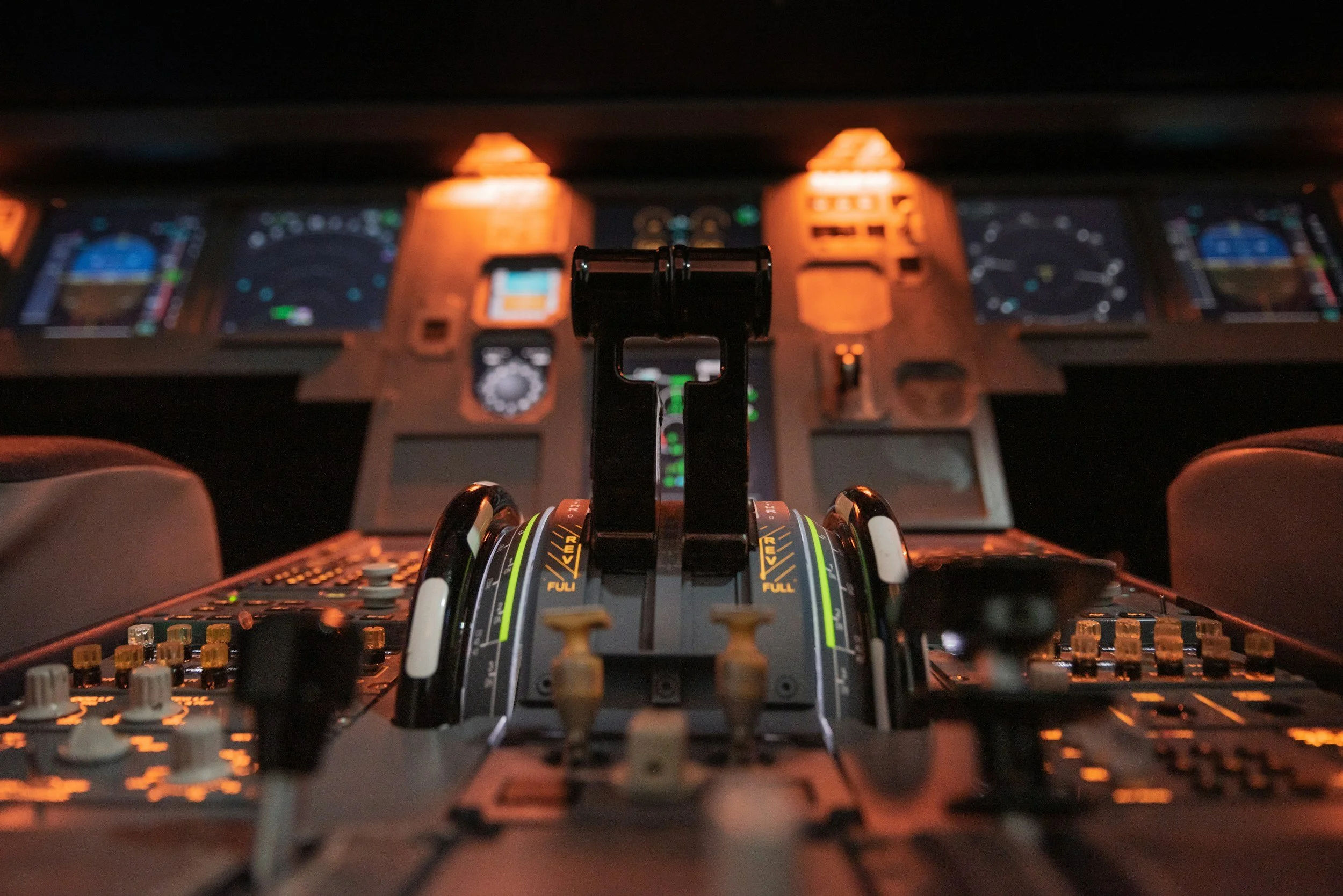 Commercial aviation cockpit showcasing aviation technology and control systems