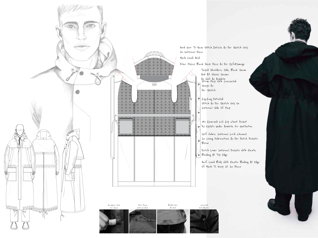 Concept to Sample Development
Product developed from initial sketch through technical development to final garment, with focus on construction logic, functionality and proportion.