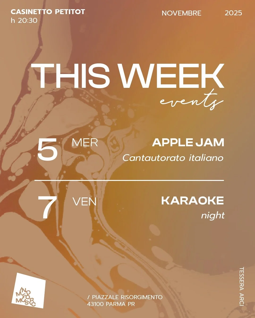 Settimana di sfogo con : 

👉 Mercoled&igrave; 5: APPLE JAM [cantautorato italiano] aperta a tutti. Chi vuole partecipare pu&ograve; iscriversi tramite il documento online che si pu&ograve; trovare sulla nostra community (link in bio e nelle storie i