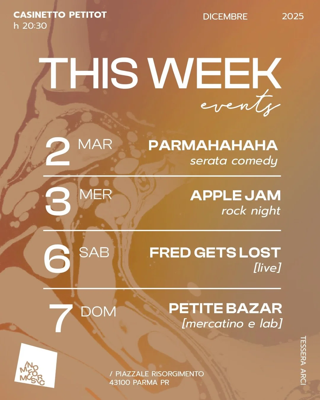 Settimana ricca: aiuto 🚨

👉 MARTED&Igrave; 3: insieme agli amici di @spaziotto_ abbiamo pensato ad un secondo appuntamento dedicato al mondo della stand-up comedy, torna PARMAHAHAHA. A farci ridere ci saranno i professionisti de &ldquo;I farabutti&