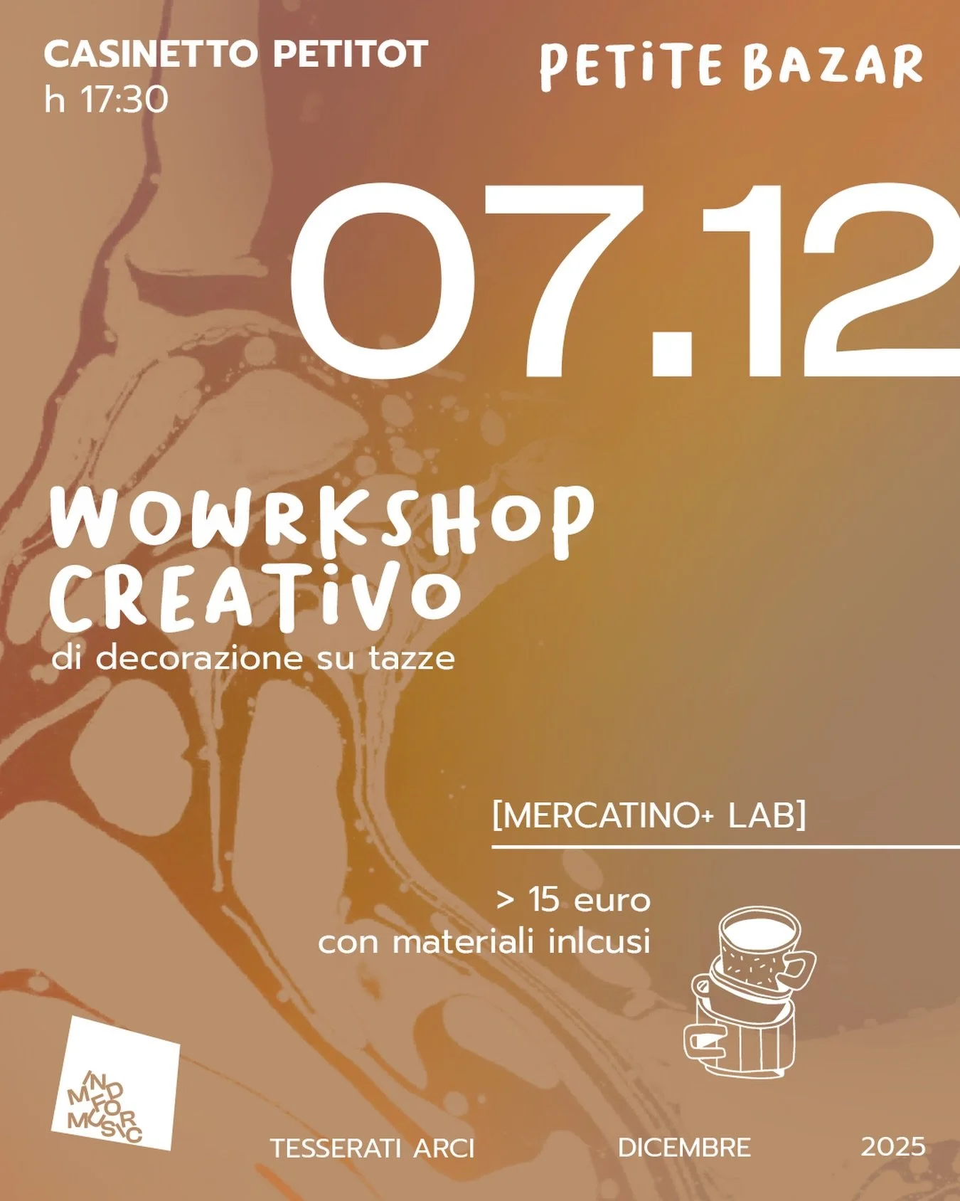 Durante il Petite bazar gi&agrave; preannunciato ieri alle 17:30 ci sar&agrave; un altro carinissimo laboratorio a cura di @wowrkshop 🌷

Dipingeremo insieme su tazze ☕️ 

🎟️: 15&euro; con materiali inclusi e a fine giornata potrai portarti a casa u